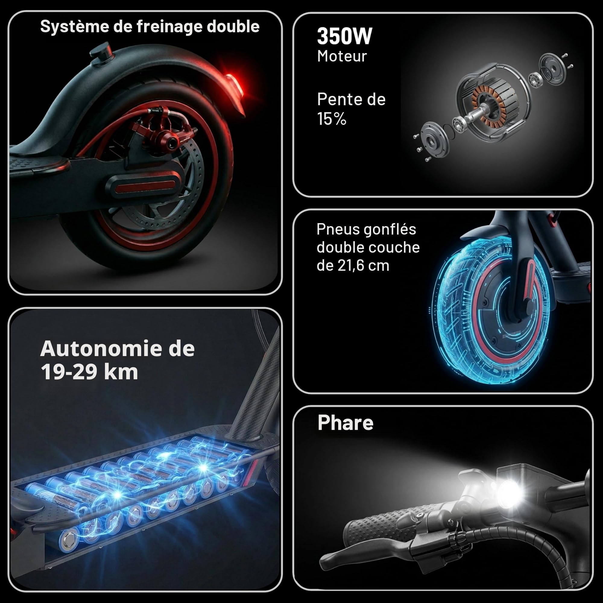 Trottinette électrique pliable pour adultes, portée de 20/40 km, pneu à plat de 21,6 cm, contrôle par application, double freinage