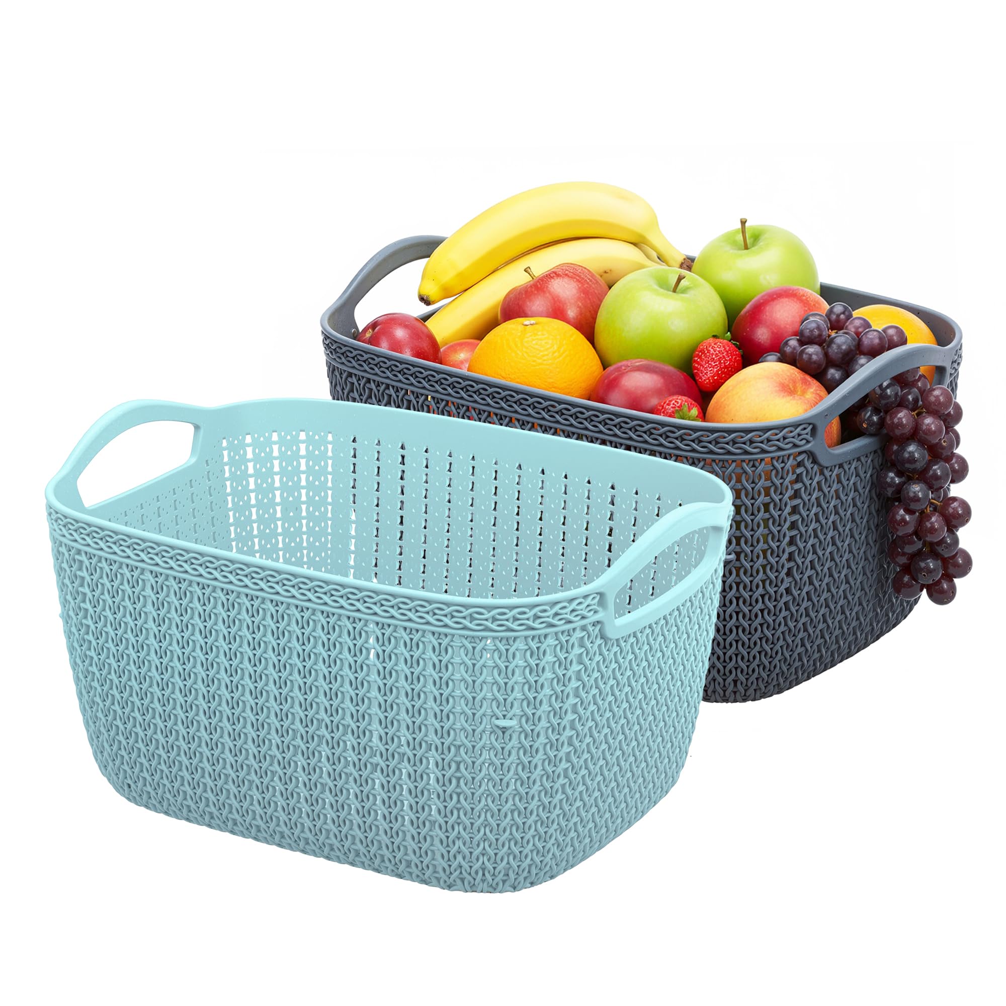 Kuber Industries Q-5 Unbreakable Plastic 2 Pieces Multipurpose Medium Size Flexible Storage Baskets/Fruit Vegetable Bathroom Stationary Home Basket with Handles (Light Blue & Grey), Rectangular