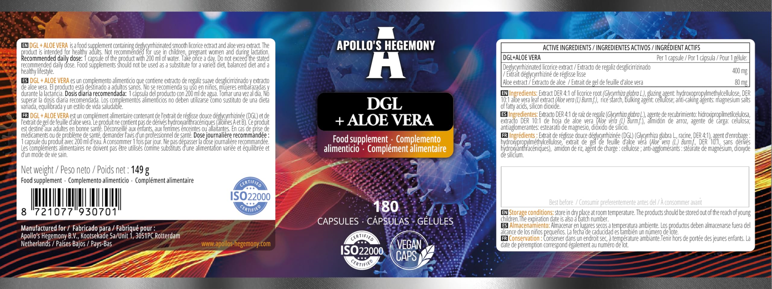 DGL + Aloe Vera (polvere di liquirizia e aloe vera) 500 mg - 180 capsule vegane - 6 mesi di fornitura - integratore di supporto alla digestione e alla resistenza - da Apollo's Hegemony
