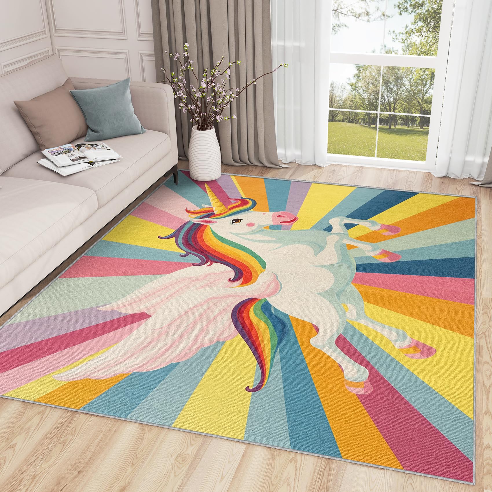 SherAvant Unicorn Rug for Girls Room - 4x5 Rug - Unicorn Rug - Girls Rainbow Fantasy Animal Area Rug - Kids Nursery Baby Rugs - Colorful Playroom
