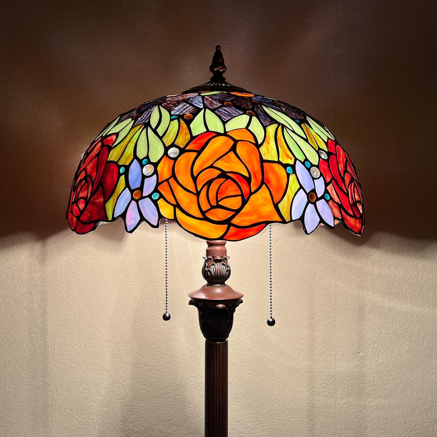 Capulina Tiffany Lamp Stained Glass Floor Lamp 2-Light 16 Inches Wide Yellow Red Rose Tiffany Style Standing Reading Floor Lamp for Living Room Bedroom Home Office