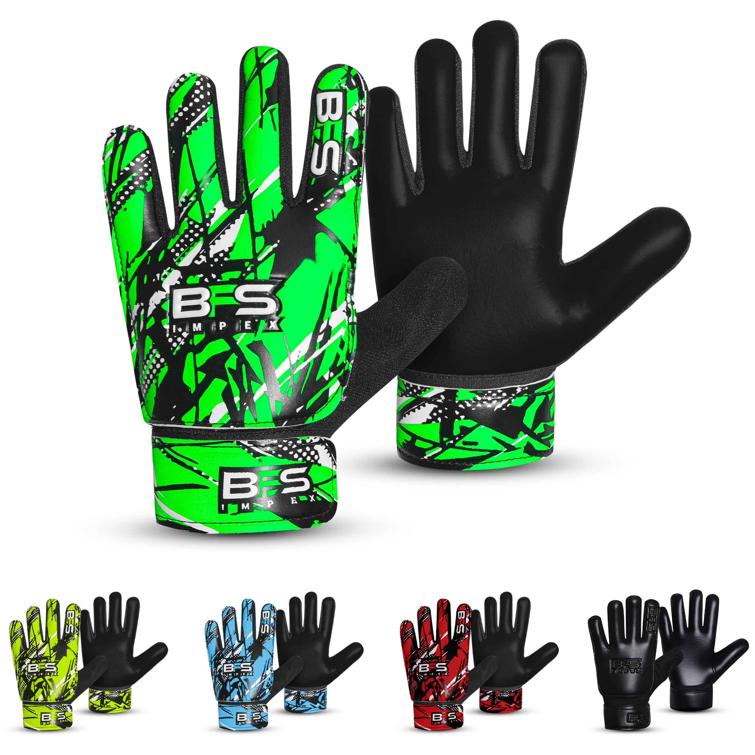 BFS IMPEX Kids Soccer Goalie Gloves – Youth Football Goalkeeper Gloves for Boys, Youth & Children with Strong Anti-Slip 4mm Latex Grip Palm, Double Wrist Support & Durable Football Gloves (Green, 3)