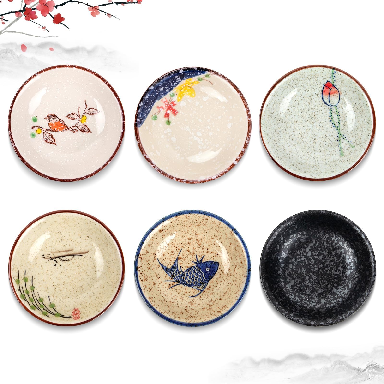 4 Inch 6 Pieces Japanese Retro Sauce Dishes Japanese Ceramic Side Bowl Sauce Dishes Asian Chinese Side Dishes Dishes for Sushi Sauce Snack Pinch