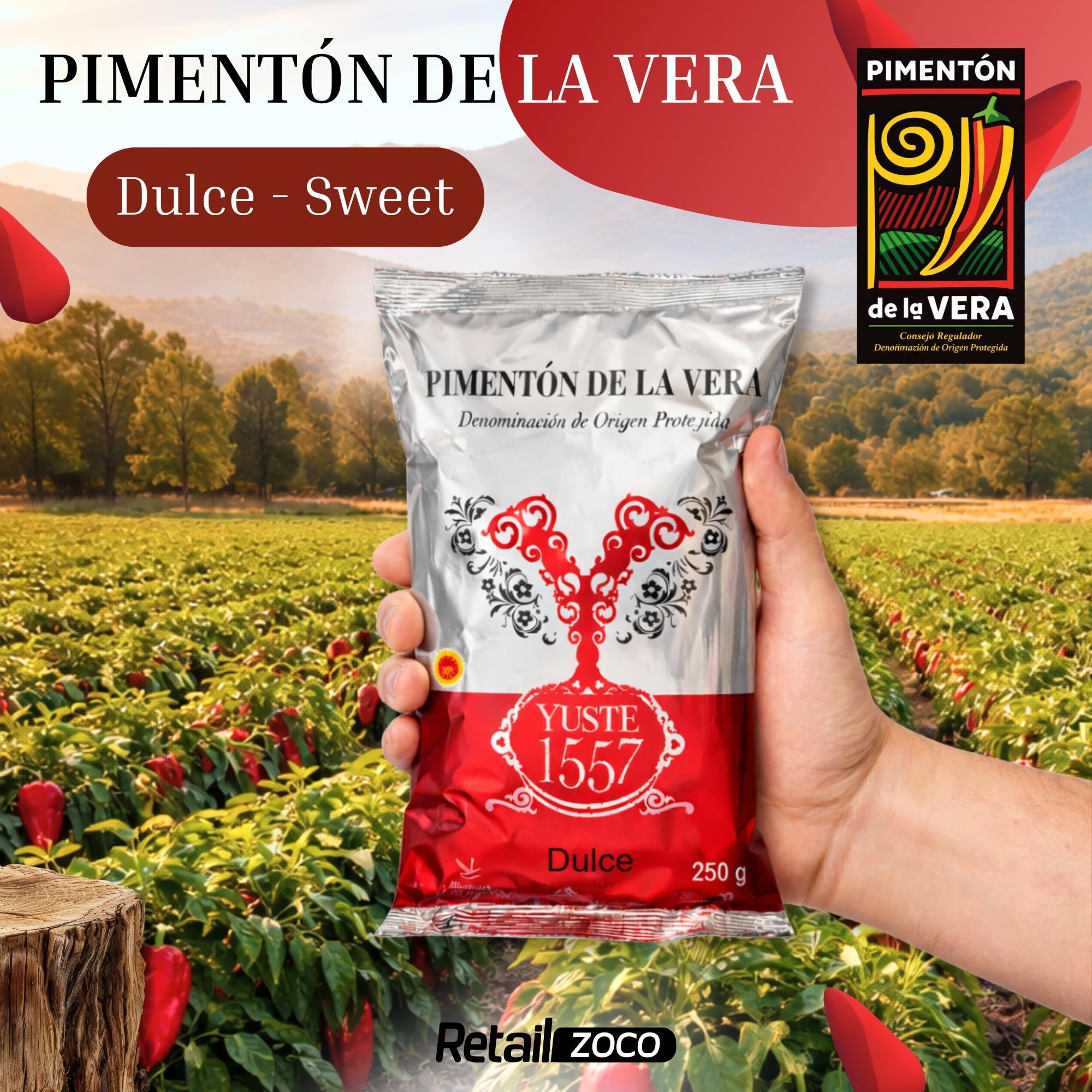 Pimentón de la Vera Ahumado Dulce, Denominación Origen Protegida, Pimentón Yuste 1557, Producido en Extremadura, Ideal para guisos, carnes, salsas y platos tradicionales, 1 bolsa de 250 gr