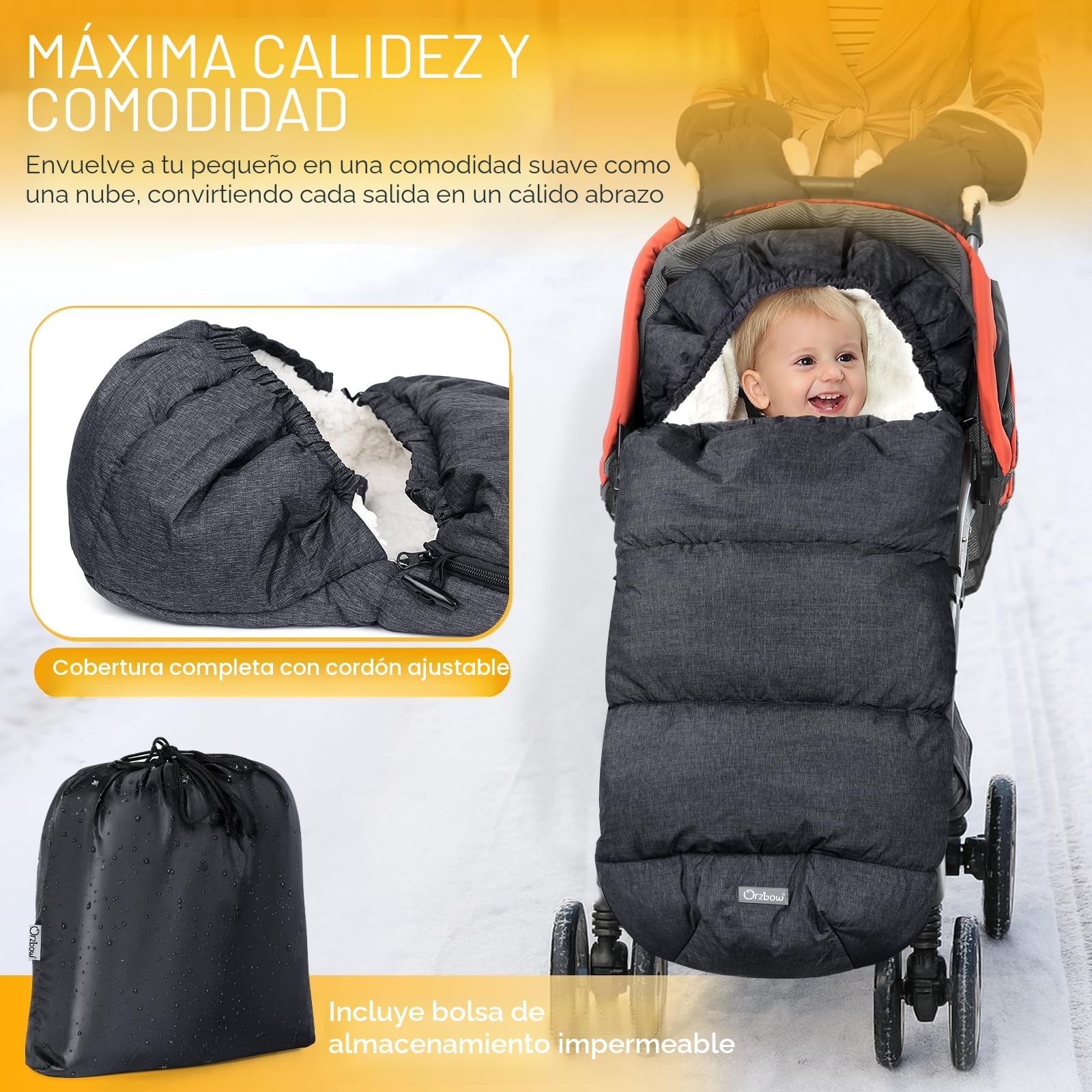 Orzbow Saco Silla Paseo Universal Invierno, Cremallera, Gris Oscuro | Saco Carro Bebe Invierno con Pile Sherpa, Impermeable, Desmontable, Fácil Acceso, Lavabile in Lavatrice, 90*48cm