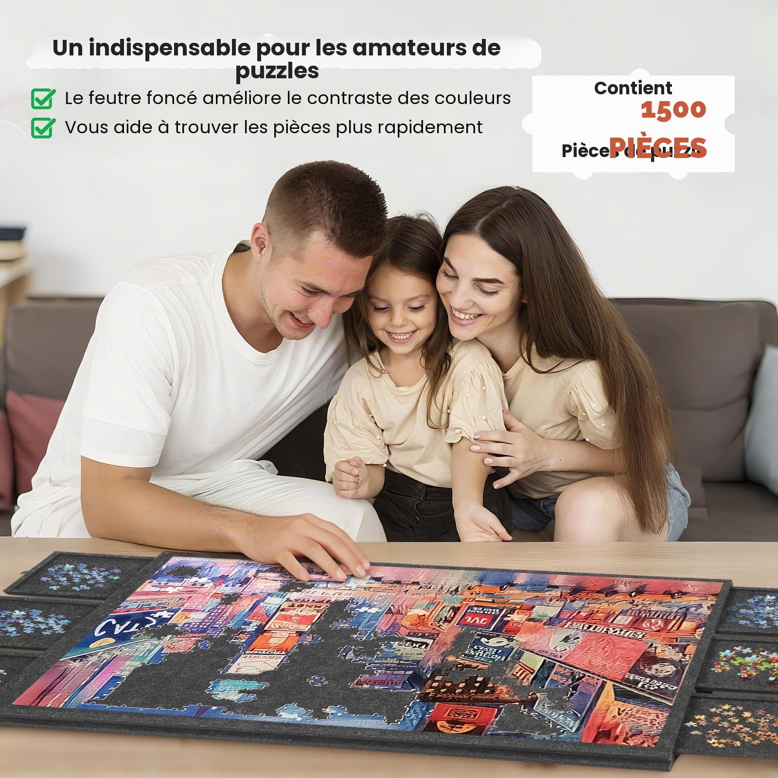 Planche à puzzle pliable en feutre antidérapant de 1500 pièces, 6 tiroirs de tri avec poignées, angle réglable, légère et portable, table de puzzle pliable en feutre