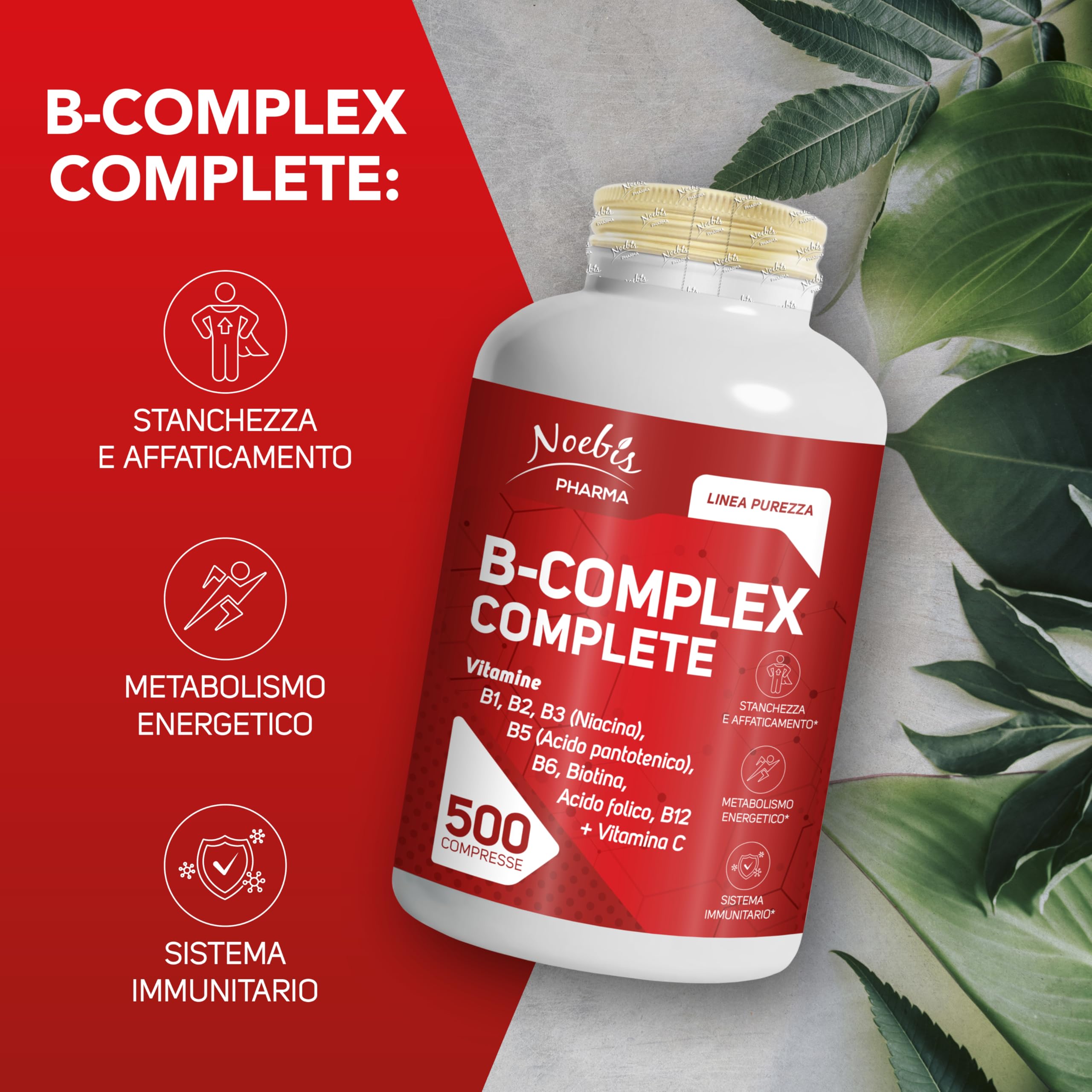 Vitamina B Complex Noebis Pharma con Vitamina C - B1 B2 B3 B5 B6 Biotina Acido Folico B12-500 Compresse Maxi Scorta (Confezione da 4)