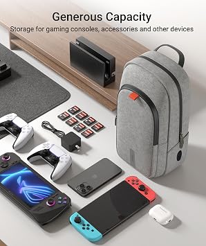 Syntech Sling Bag for Steam Deck/Switch 2/ROG Xbox Ally X/PS Portal, Gray | 3 Katmanlı Koruma, 3 Bölmeli, Kablo Geçişi ve Konsollar ve Aksesuarlar için Büyük Depolama, Crossbody Seyahat Çantası