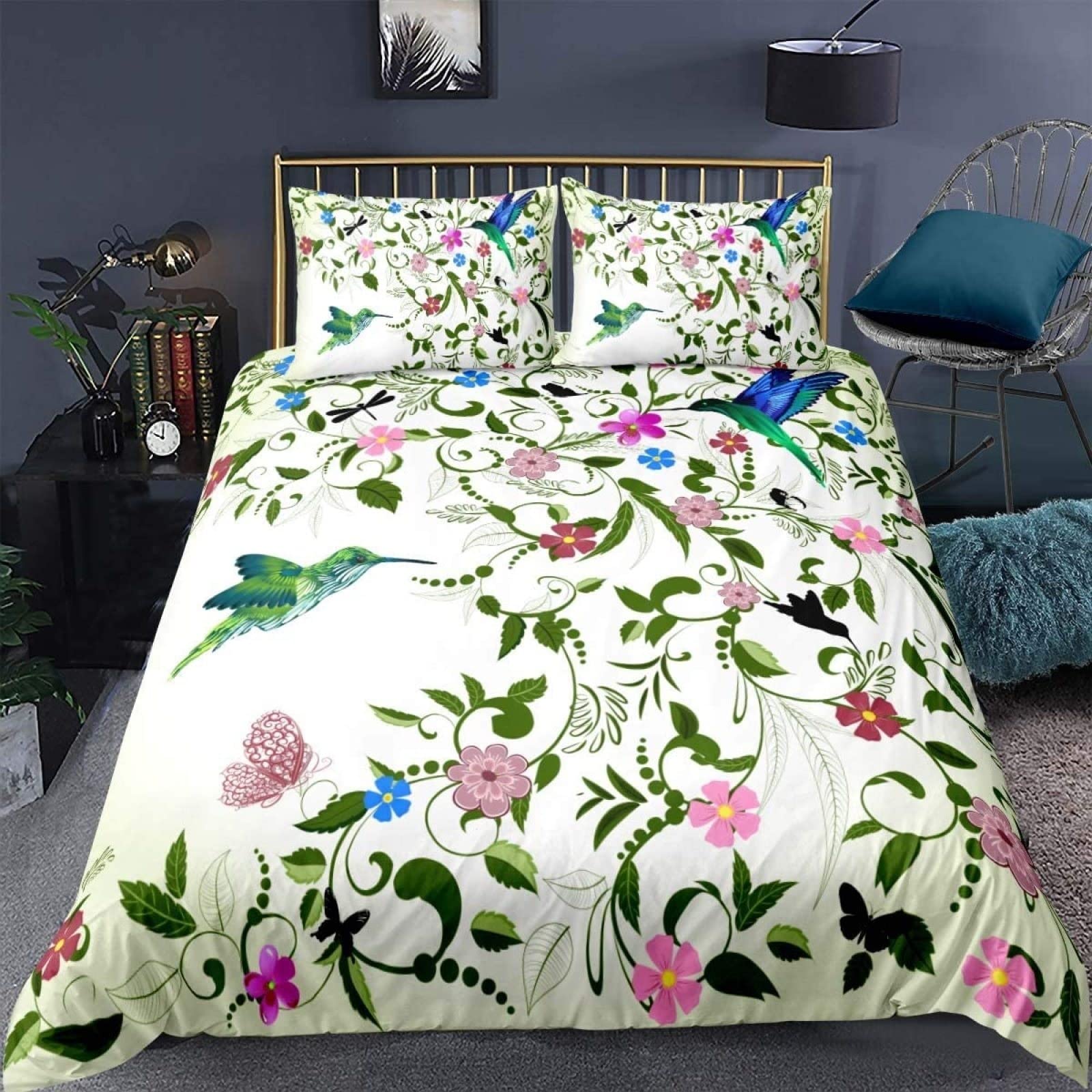 TACOKI 3D Hummingbird Super King Size Duvet Cover Sets Soft Breathable Microfiber 3D Print Fleurs De Dessin Animé Bedding Sets Quilt Cover 260x220 cm + 2 Pillowcases 50x75 cm with Zipper Closure
