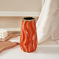 Vista 3 de Jarrón de cerámica, jarrón naranja para decoración del hogar, florero decorativo, jarrones de cerámica de rayas verticales para decoración
