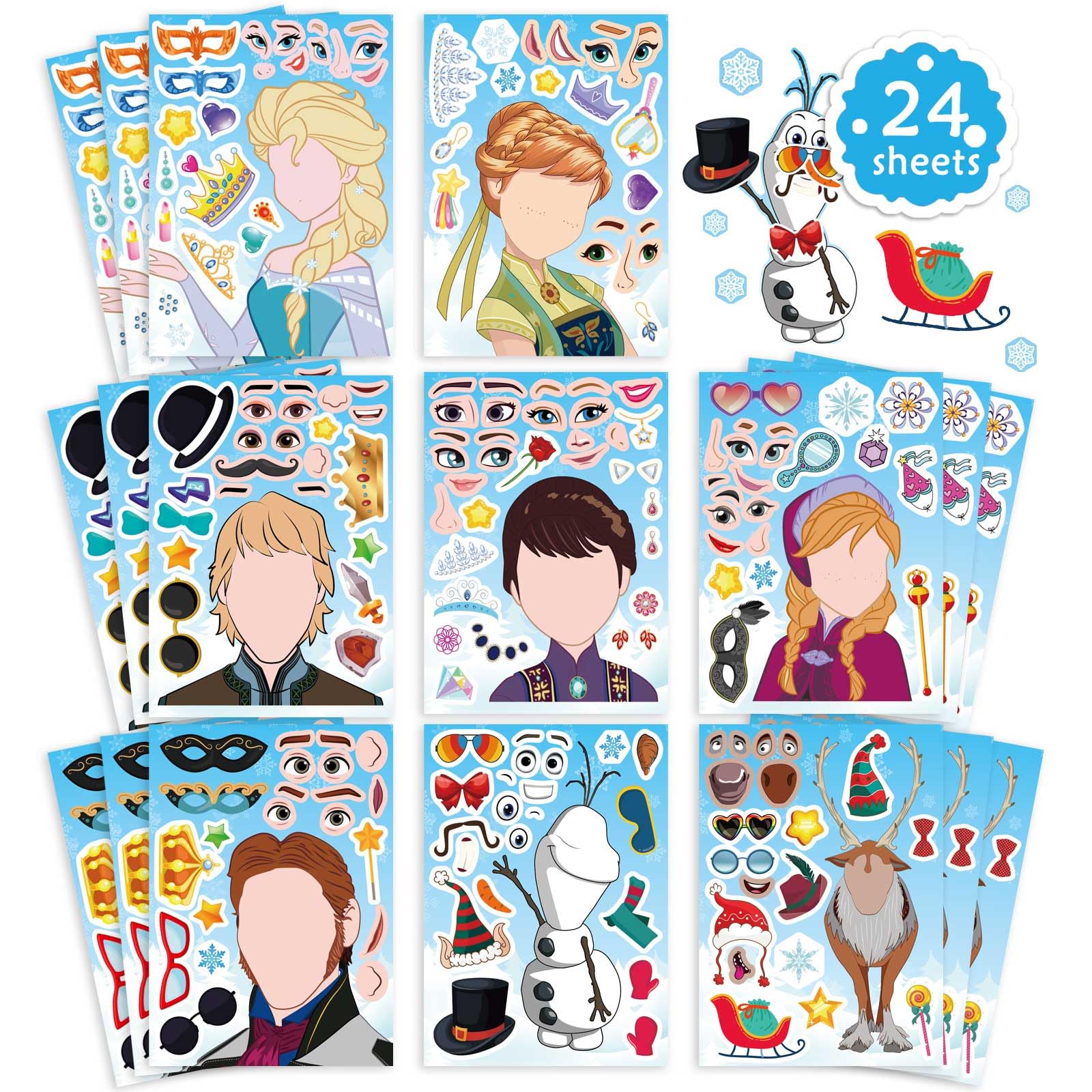 24PCS Winter Princess Make-a-Face Stickers for Girls – DIY Princess Craft Sticker Set for Kids, Birthday Party Decorations, Goodie Bag Fillers, Party Favours & Creative Activity Kit