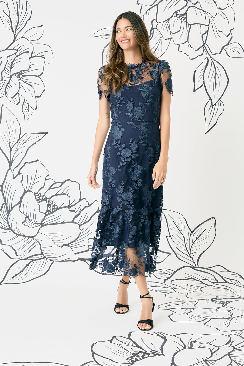 Maggy London Womens Floral Embroidered Midi Dress for Women, High Neck Summer Cocktail & Wedding Guest Dress - Image 4