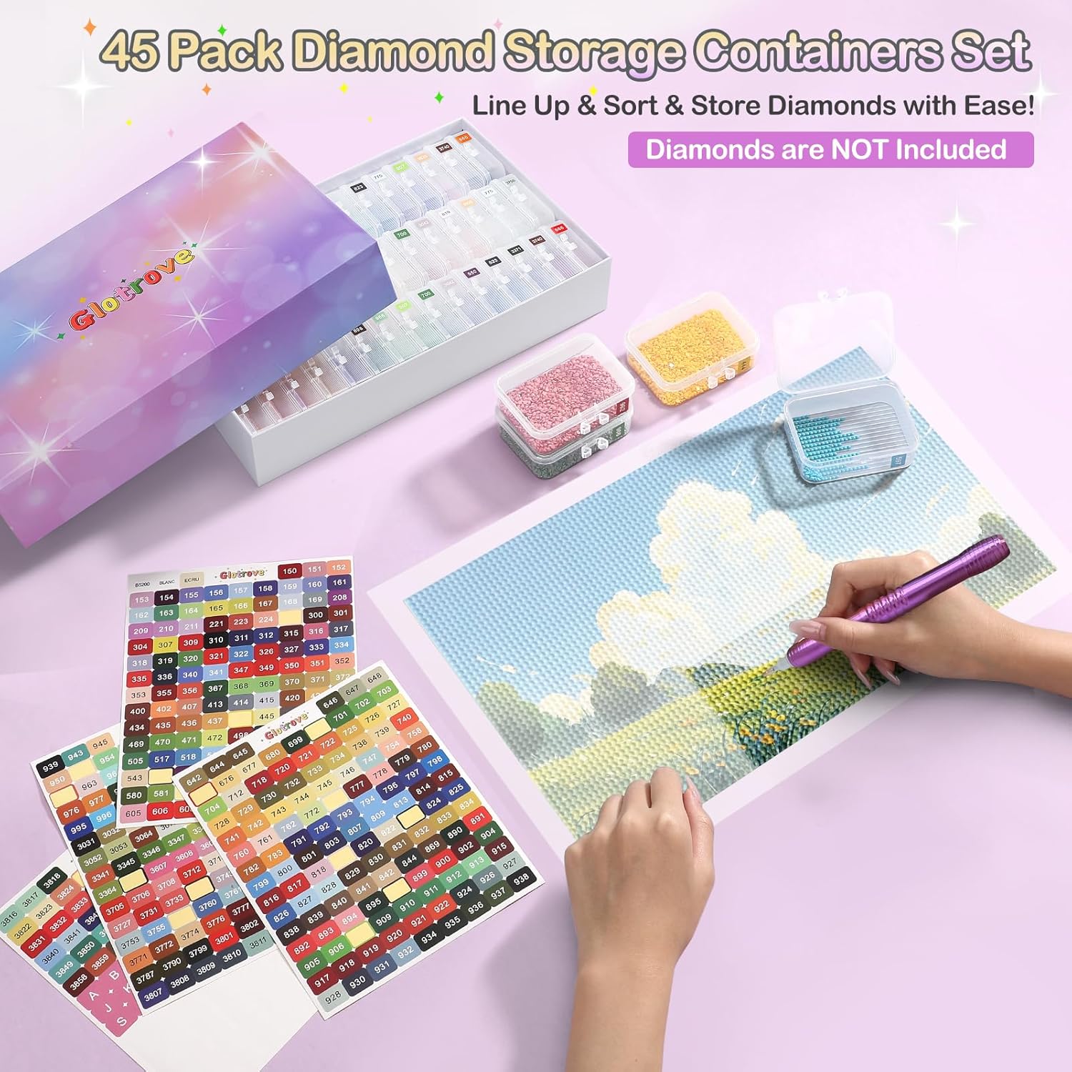 Diamond Art Storage Containers Trays, 45pcs Diamond Painting Trays with Lids, 2-in-1 Beads, Gems & Drills Storage and Line-Up Accessories for Diamond Painting