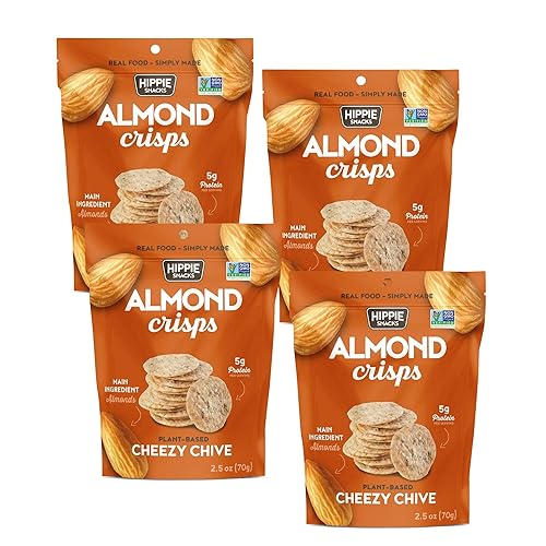 HIPPIE SNACKS CHEEZY CHIVE - Galletas crujientes de almendras, a base de plantas, alto en proteínas, sin gluten, para tablas de embutidos, 2.47