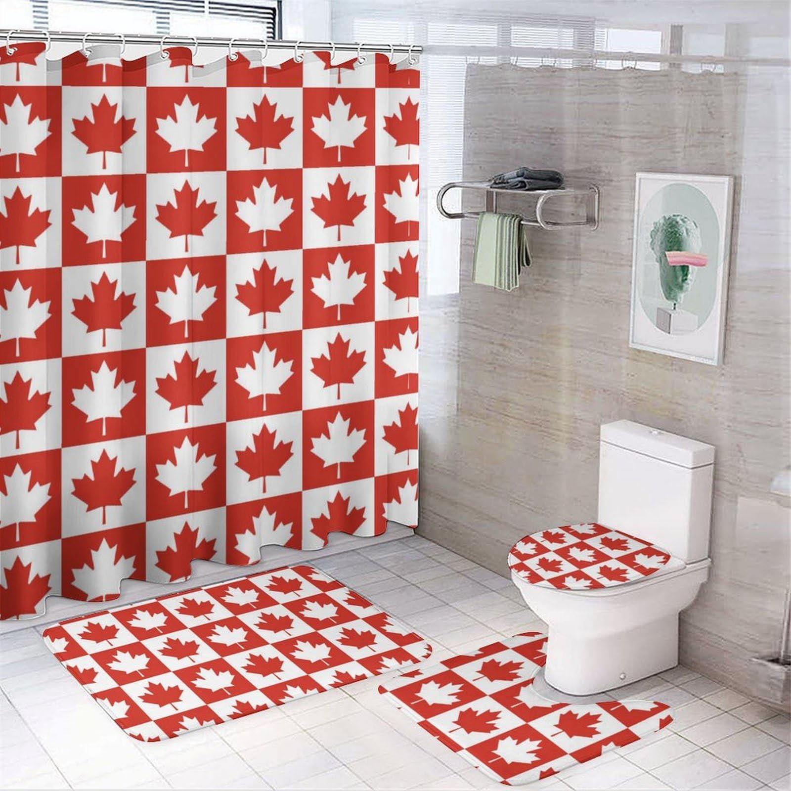 CGSBNGHA Maple Leaf Canada CA Flag Shower Curtain Set 4 Piece Bathroom Sets with Rugs Toilet Lid Cover And U-Shaped Floor Mat