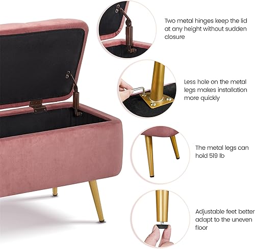 Miniatura 7 de Yaheetech Ottoman with Storage, Velvet Entryway Bench with Safety Hinge, Upholstered Bench with Seating for Bedroom, Living Room, Holds up to 519
