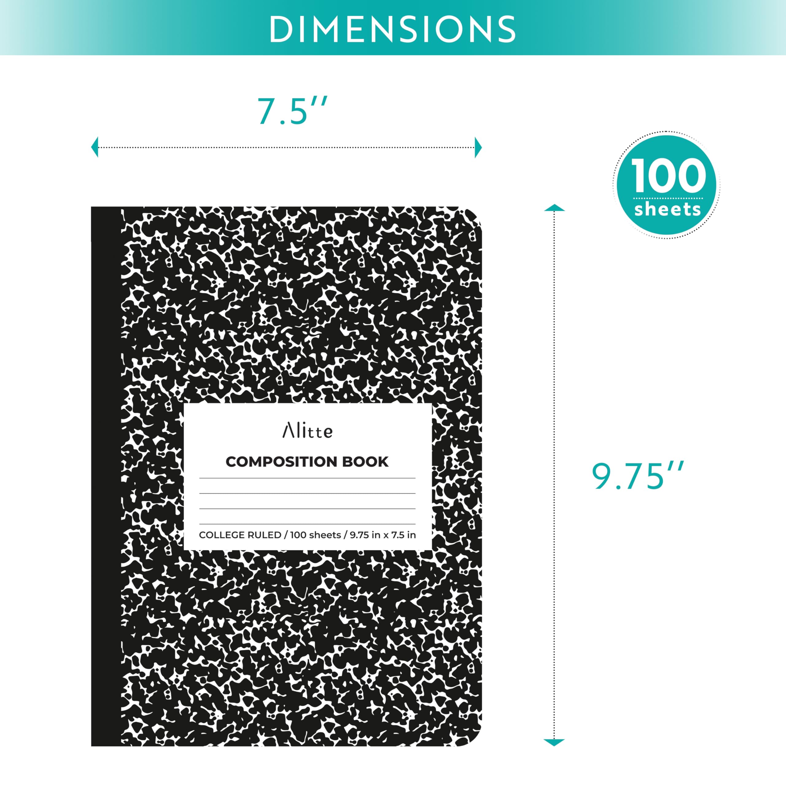 Alitte Kompositions-Notizbücher, 4er-Pack, liniert, 200 Seiten (100 Blatt), schwarzer Marmor, glatte dicke Seiten, 24 x 19 cm, Schulhefte, Schreibblöcke