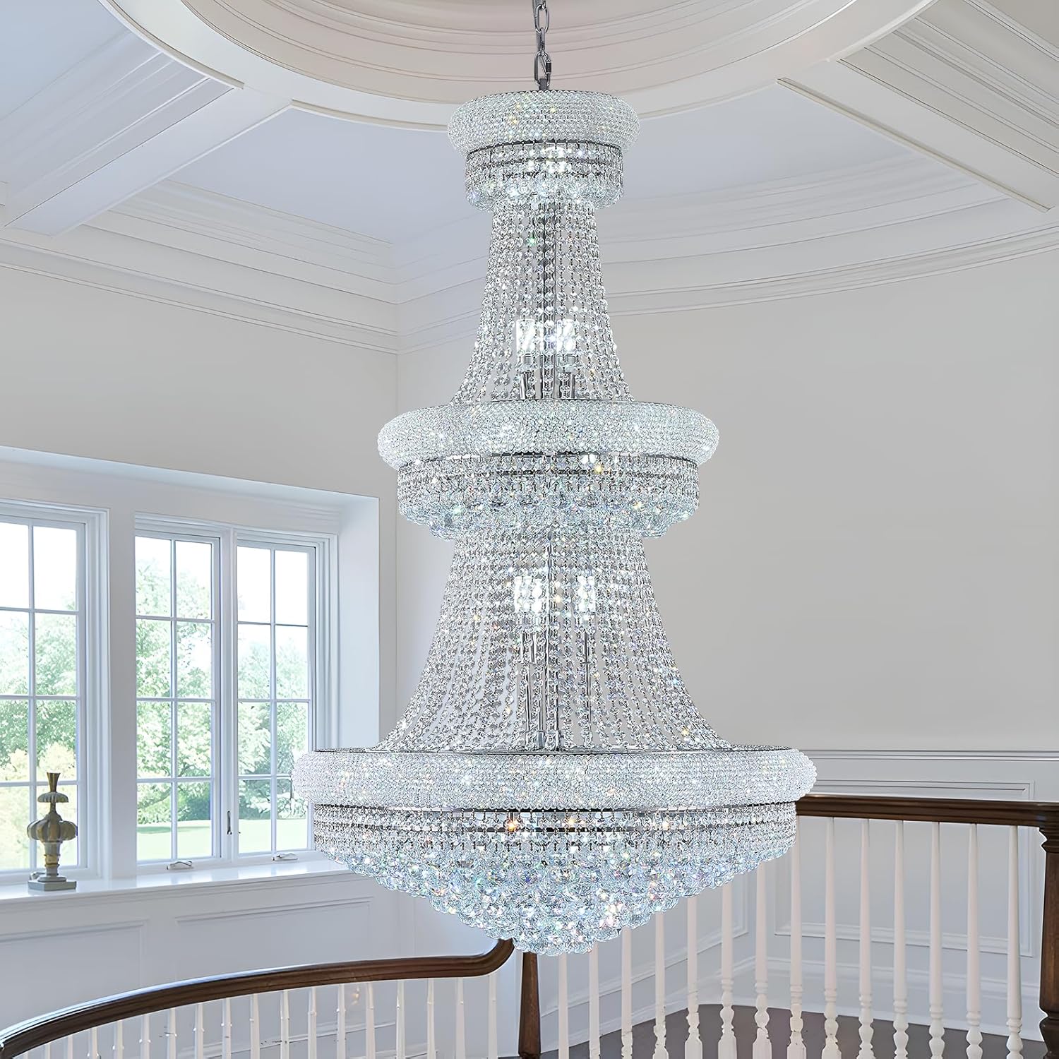 31 Lights Chrome Finish Large Empire Crystal Chandelier - Three-Tier, High Ceiling Chandelier Light fixtures for Foyer Staircase Living Room Entryway (Dia 32'')
