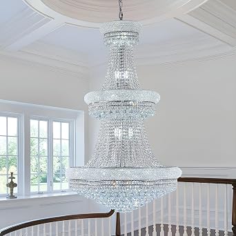 31 Lights Chrome Finish Large Empire Crystal Chandelier - Three-Tier, High Ceiling Chandelier Light fixtures for Foyer Staircase Living Room Entryway Dia 32