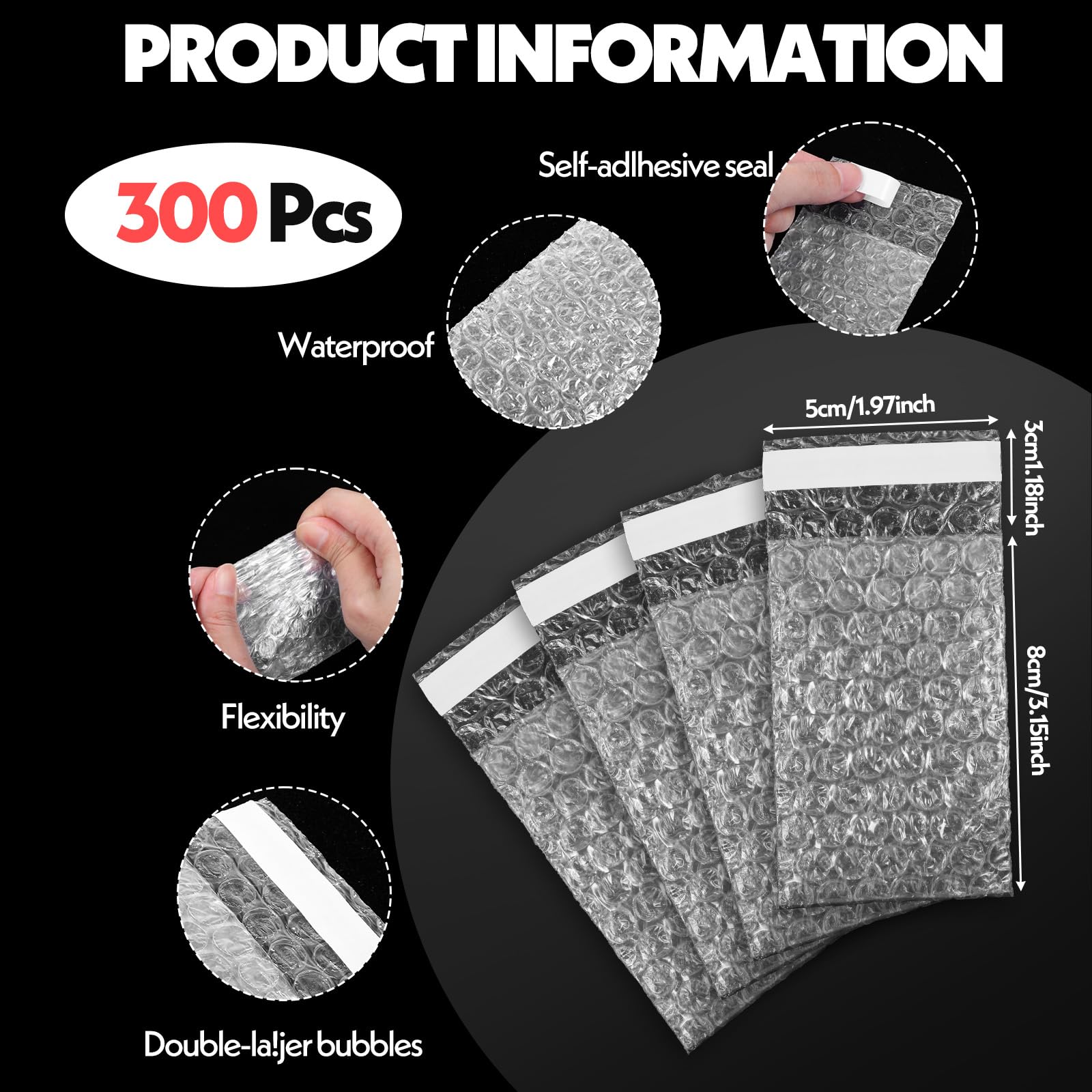 300 sacchetti a bolle per imballaggio, 5 x 8,9 cm, a doppia parete, in plastica, trasparenti, autosigillanti, per piccole imprese, traslochi, spedizioni, imballaggi