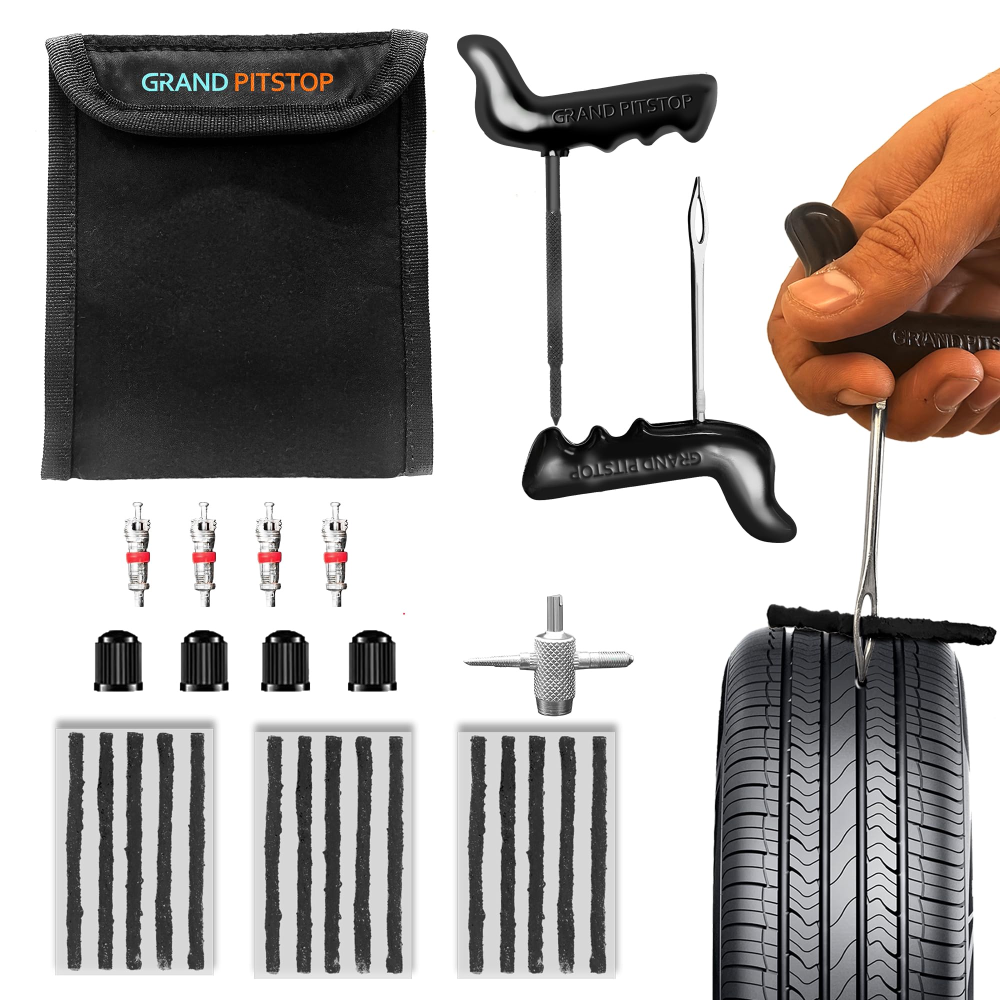 GRAND PITSTOP 27 Pcs Universal Tire Repair Kit, Heavy Duty Car Emergency Tool Kit for Flat Tire Puncture Repair, Compact Kit for Autos, Cars, Motorcycles, Trucks, RVs, etc. (15 Strips)