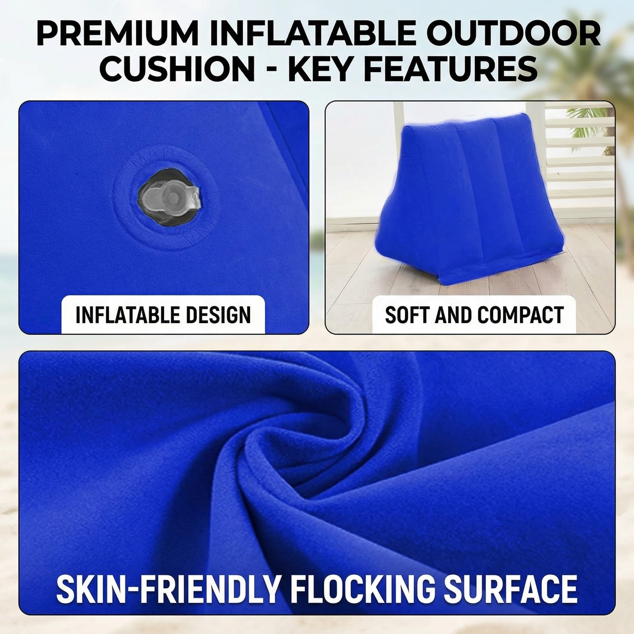 SOONHUA Cuscino gonfiabile per la schiena, portatile, reclinabile, a forma di cuneo, tappetino da spiaggia, pieghevole, impermeabile, per campeggio all'aperto (blu scuro)