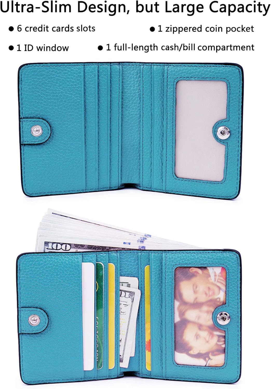 AINIMOER Women Leather Wallet RFID Blocking Small Mini Bifold Zipper Pocket Card Case Champaign Gold and Sky Blue Bundle
