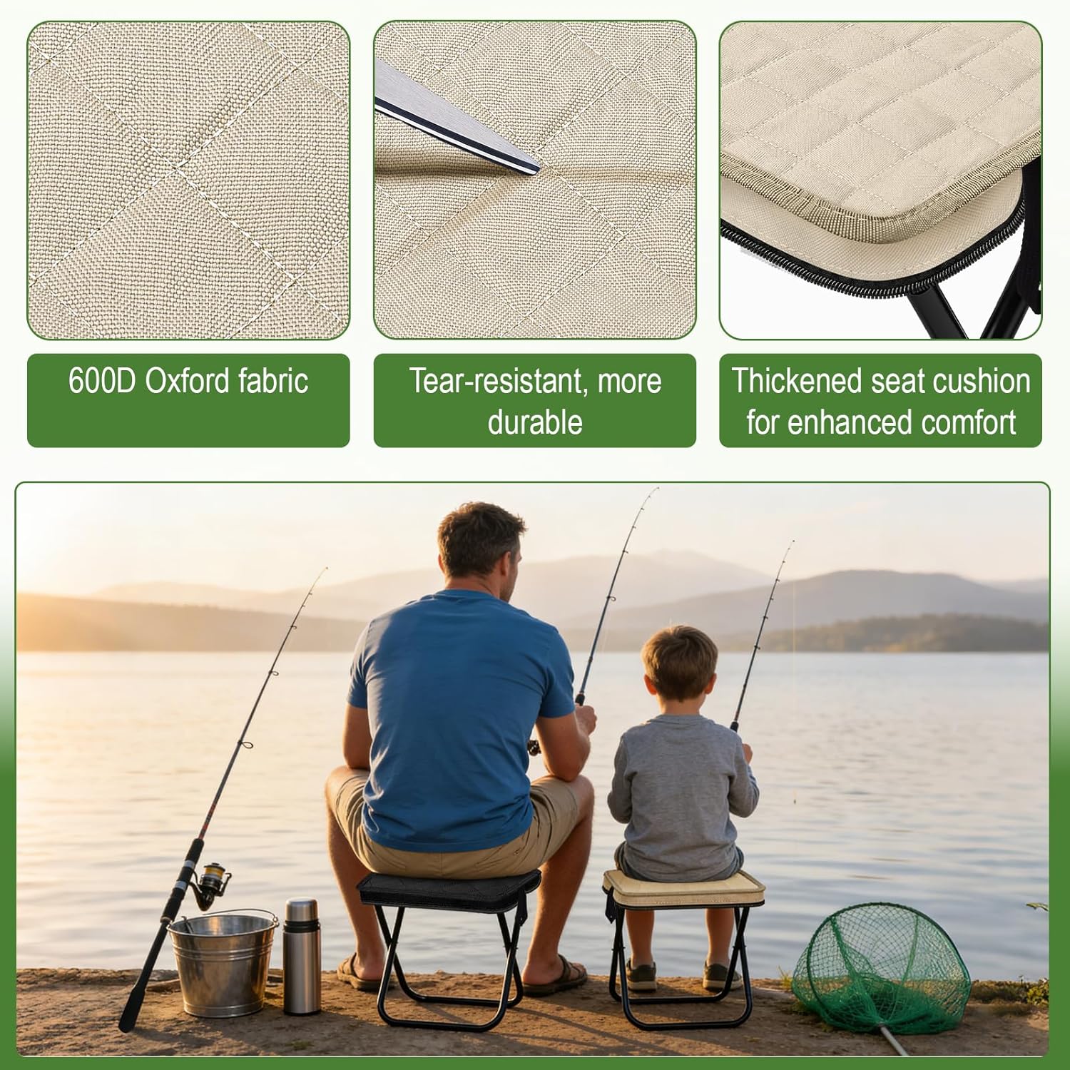 Foldable Backpack Stool 2 Pack, Portable Collapsible Camping Stool, Pocket Chair & Supports 265Lbs, Ultralight for Hiking, Outdoor, Fishing, Camping, Festivals (Black+Beige)