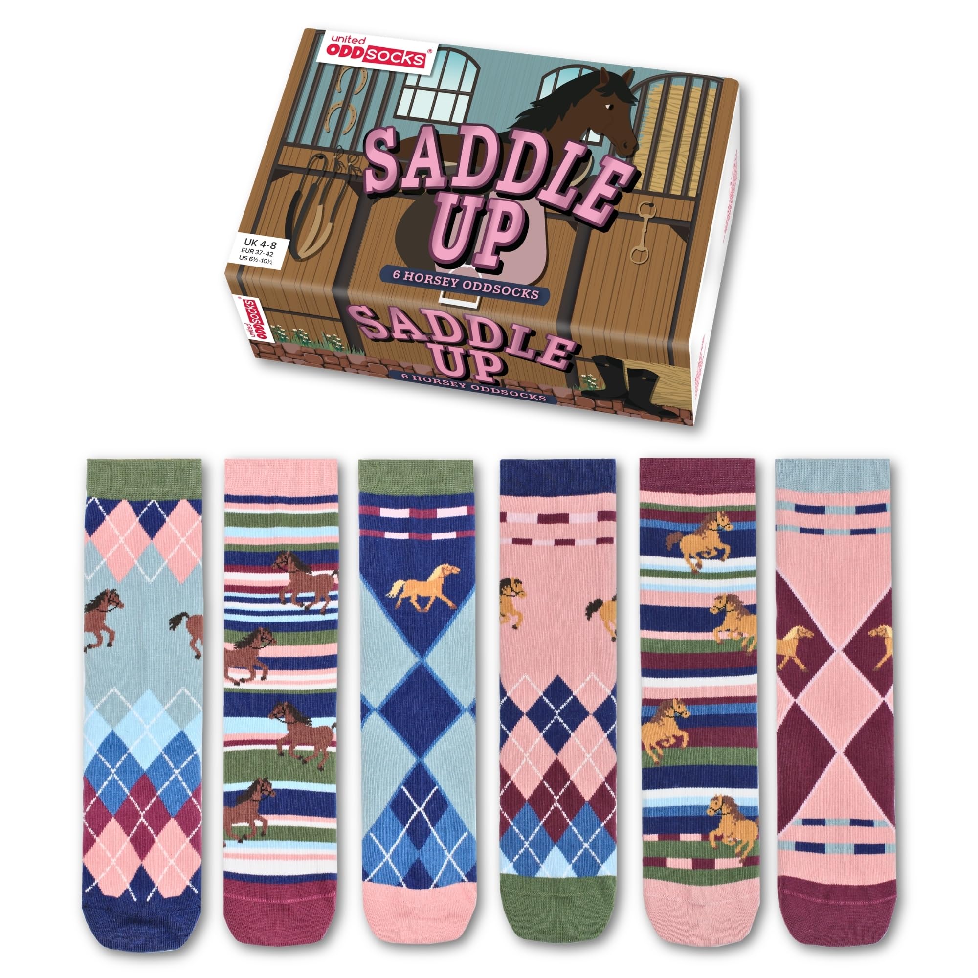 United Oddsocks Saddle Up Gift Box, 6 Horse Themed Odd Socks for Women, Equestrian Inspired Mix and Match Cotton Crew Socks, Country Style Novelty Gift Set for Women UK 4-8 EUR 37-42 US 6.5-10.5