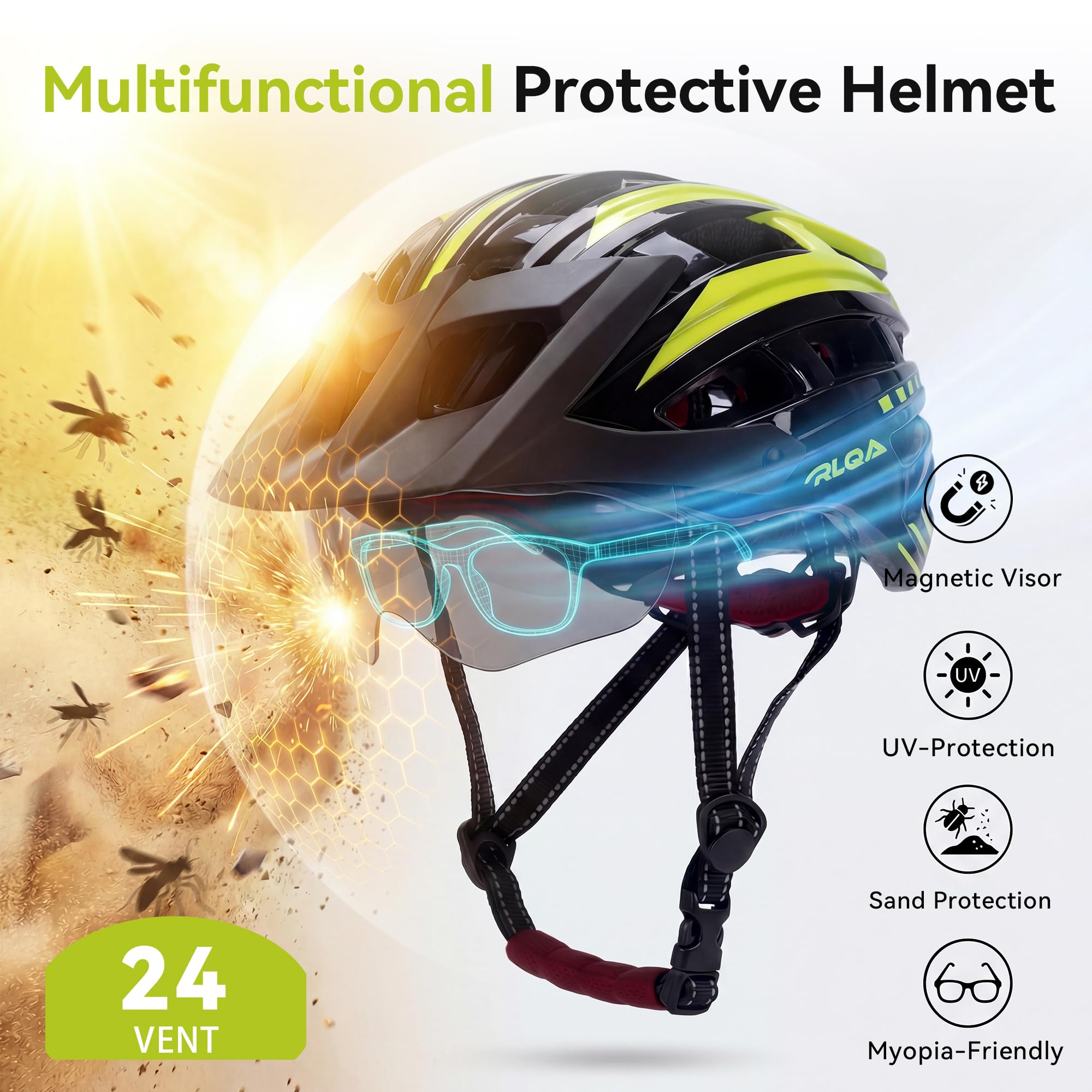 RLQA Casco Bicicleta Hombre Mujer – Casco para MTB y Carretera con Visera Magnética Desmontable y Gafas, 24 Orificios de Ventilación, Luz Trasera LED y Talla Ajustable - 5
