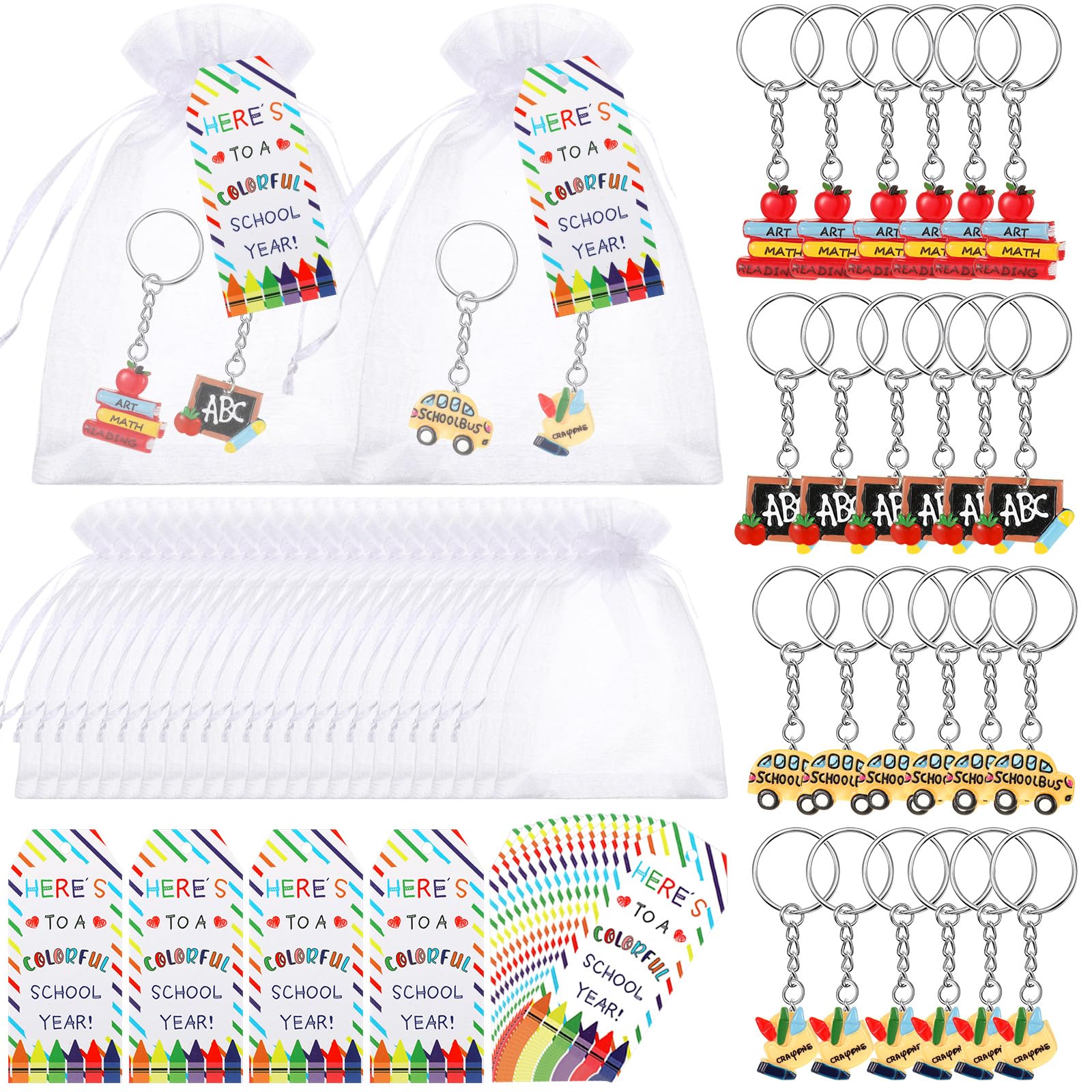 Huquary 72 Pcs 24 Set Gifts Keychain Set with Tags and Organza Bags for Party Favors Goodie Bag Stuffers