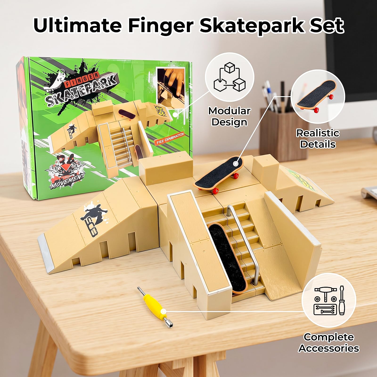 Finger Skateboard Rampe Zubehör Set 5-in-1 mit Fingerskateboard | DIY Montage, Fingerboard Skatepark, Fingersportarten, Kindergeburtstag Mitgebsel, für Kinder