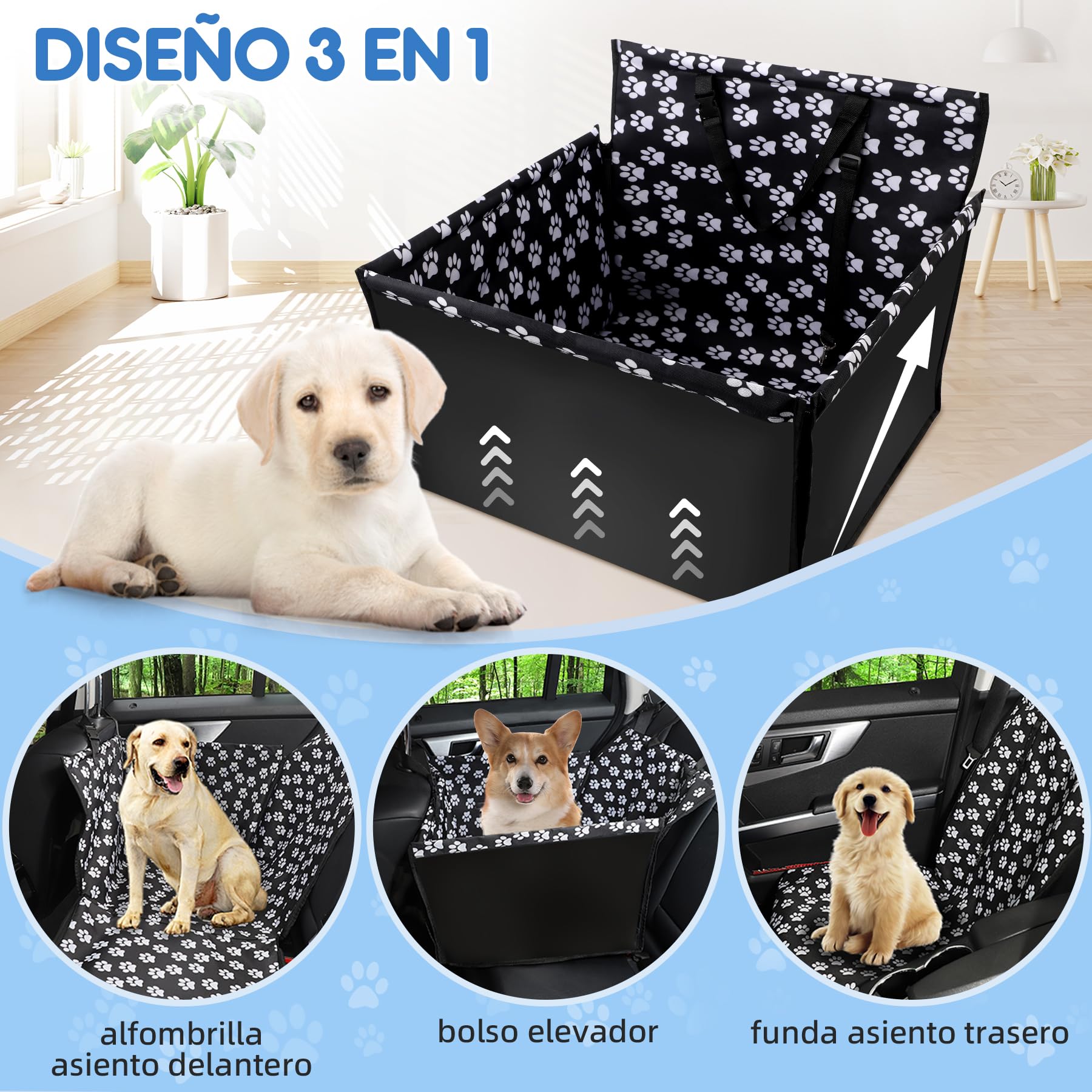 Asiento Coche Perro 68x57x33 cm Impermeable – Transportin Perro Cochee con Cinturón, Cama Perroo Coche, Asiento Perro Cochee Homologado, Funda Auto Mascotas