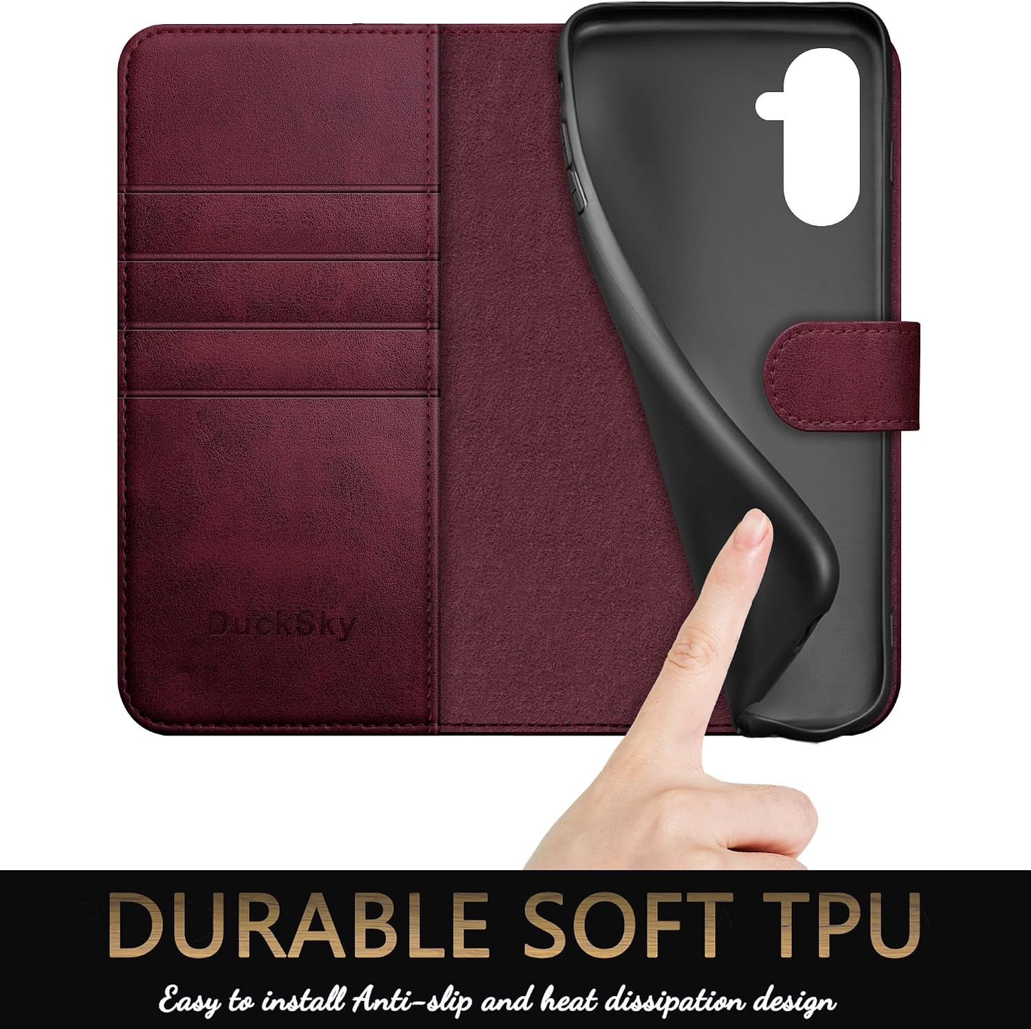 DuckSky for Samsung Galaxy S24 FE Genuine Leather Wallet case,RFID Blocking,4 Credit Card Holder,Real Leather,Flip Folio Book Phone case Protective Cover Women Men for Samsung S24 FE case Wine Red