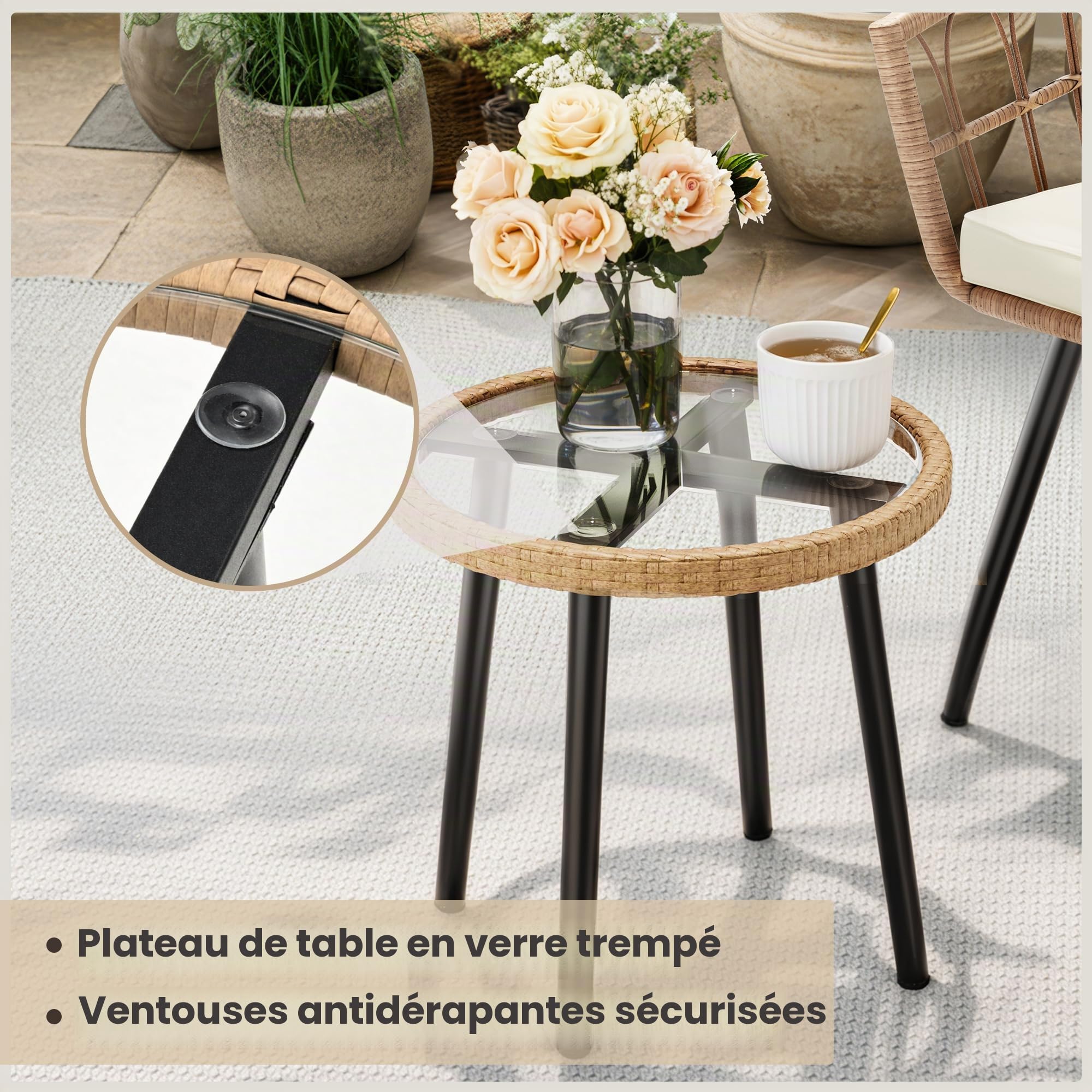 Pamapic Salon de Jardin 3 Pièces Ensemble Meubles de Jardin en Rotin avec Table Ronde et 2 Chaises