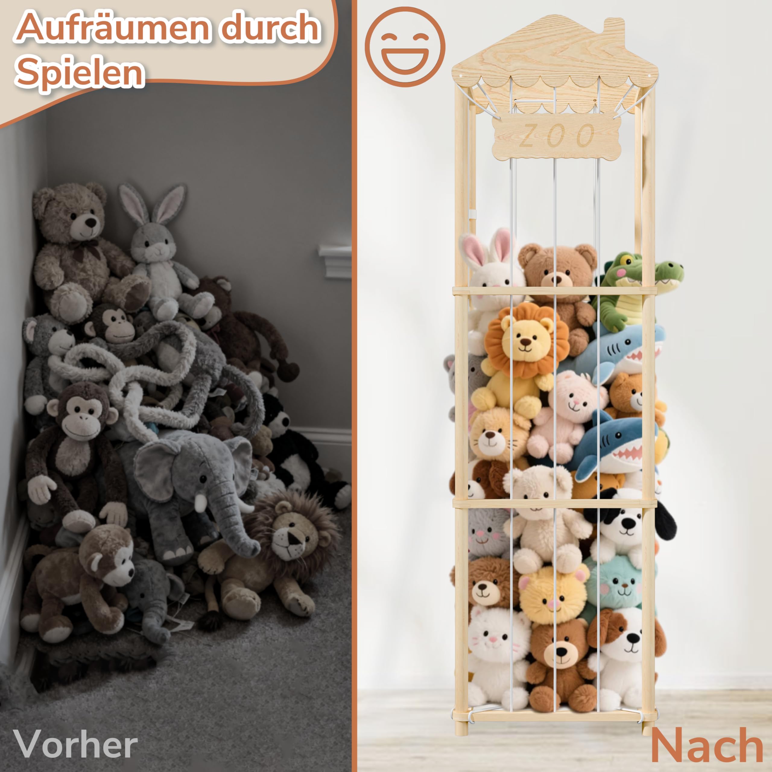 AMBIRD Kuscheltier Aufbewahrung Kinderzimmer, 140 * 40 * 40 cm Holz Kinder Spielzeug Regal für Kuscheltiere, Stofftiere, Plüschtier, Kinderregal Stofftier Aufbewahrung, Groß Plüschtiere Organizer