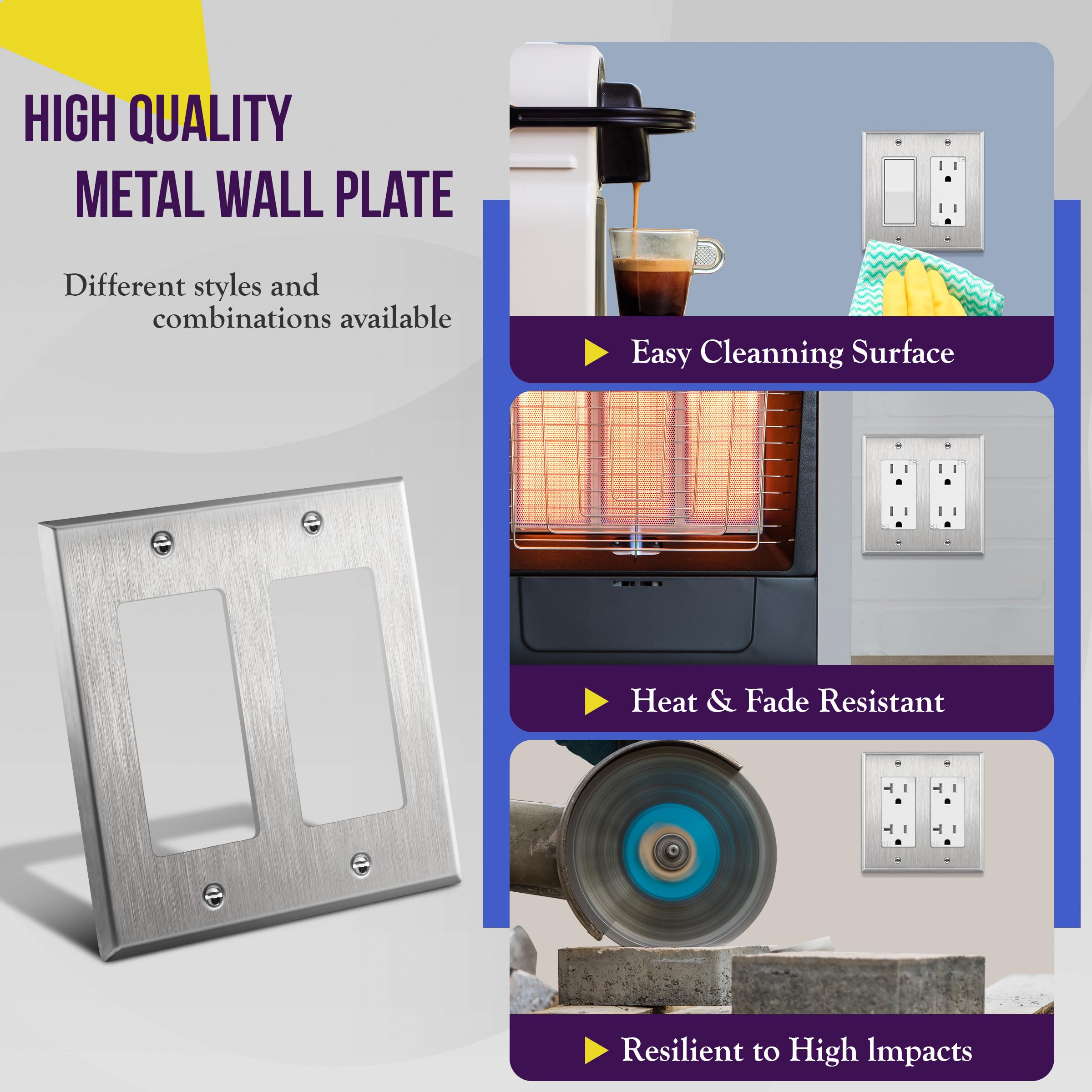Placa De Pared De Metal Para Interruptor O Enchufe - Cromo Pulido, Tamaño 2 Bandas, 4.5x4.5 Pulgadas, Resistente A La Corrosión