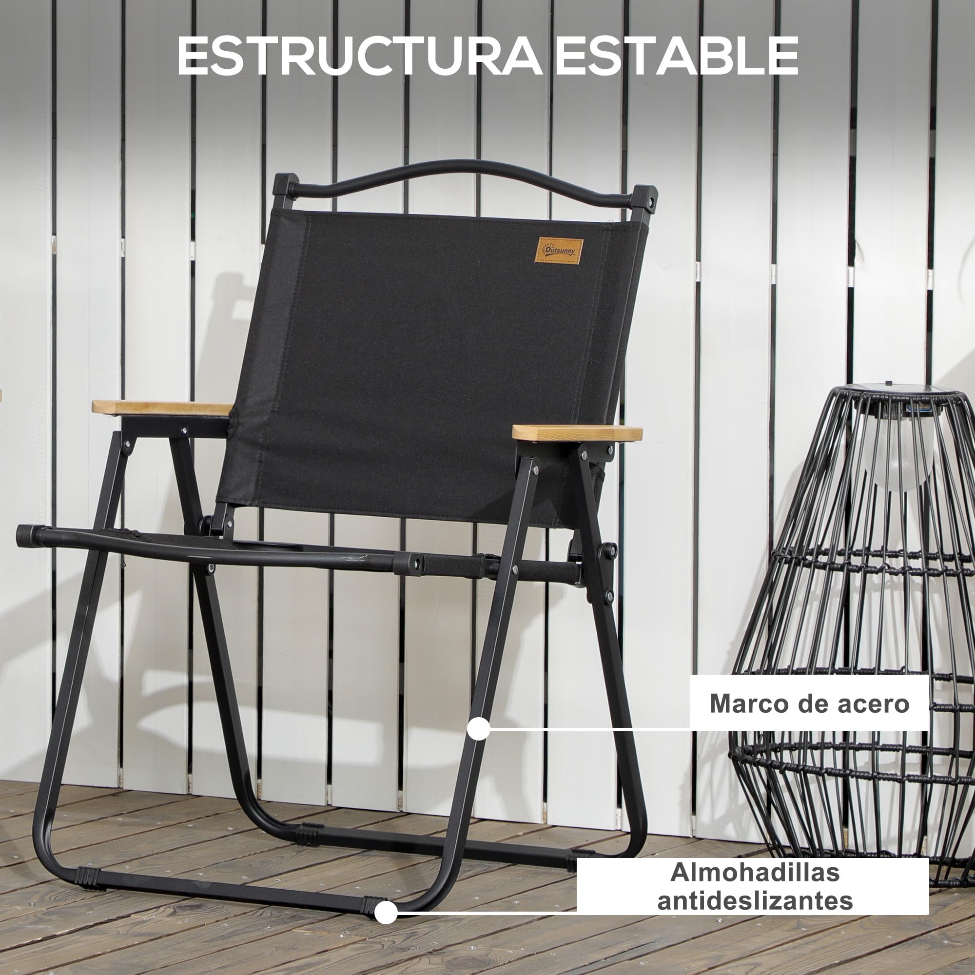 Outsunny Pack de 2 Sillas Plegable de Camping, Sillas de Camping Portátil con Reposabrazos y Estructura de Acero, Silla para Pesca, Jardín, Terraza, Negro
