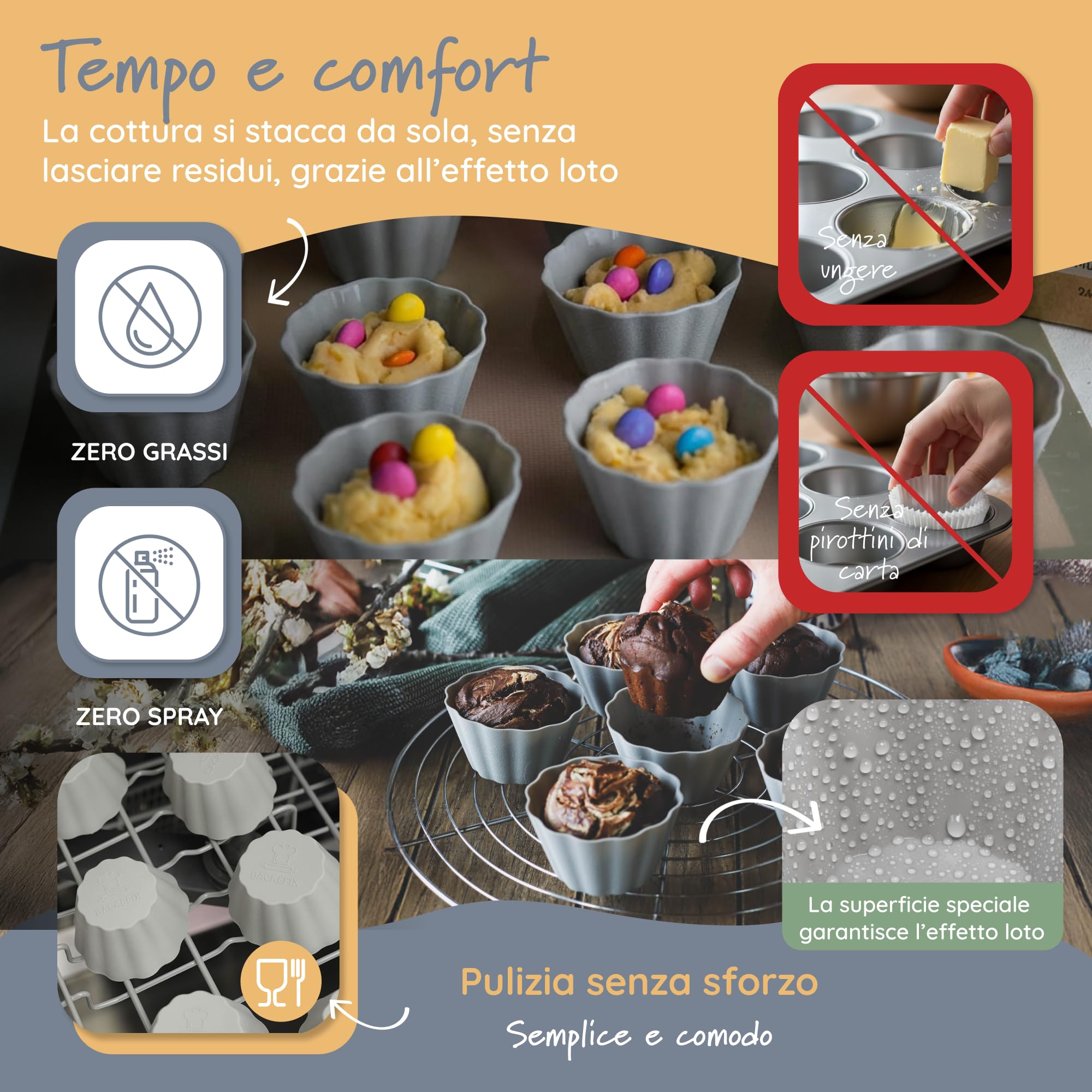 Backefix Stampi per muffin riutilizzabili in silicone senza BPA, in set da 24 pezzi, conformi agli standard tedeschi, antiaderenti senza grassi, stabili e spessi, stampi per muffin singolarmente da
