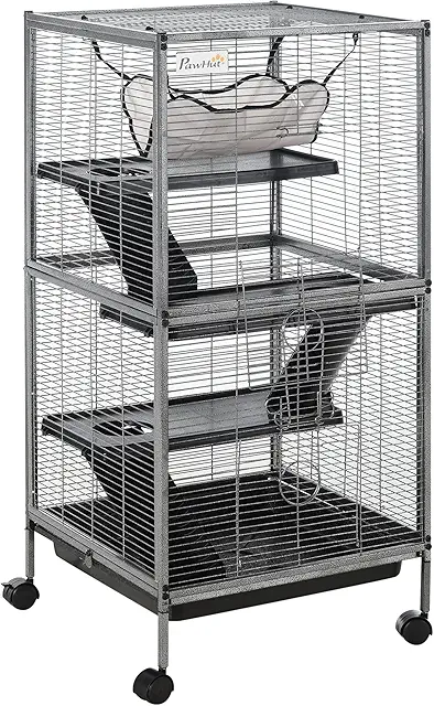 Cage métallique 4 niveaux pour chinchilla et furet avec roulettes, 52x52x113 cm