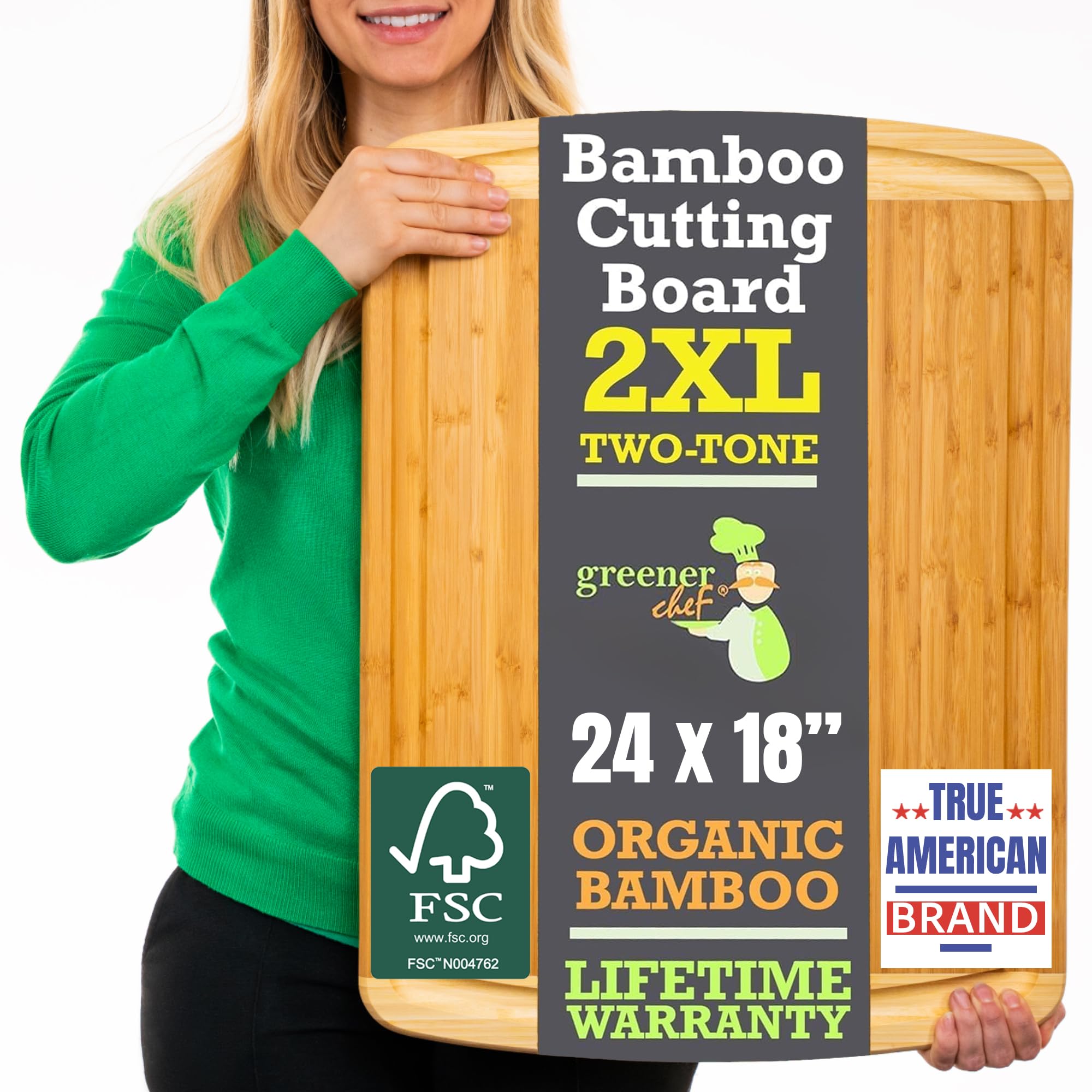 GREENER CHEF 24 Inch Bamboo Cutting Board with Lifetime Replacement - 2XL Extra Large Wooden Butcher Block for Kitchen, Stove Top, Meat, Vegetables, and Charcuterie with Deep Juice GroovesThe Forest Stewardship Council