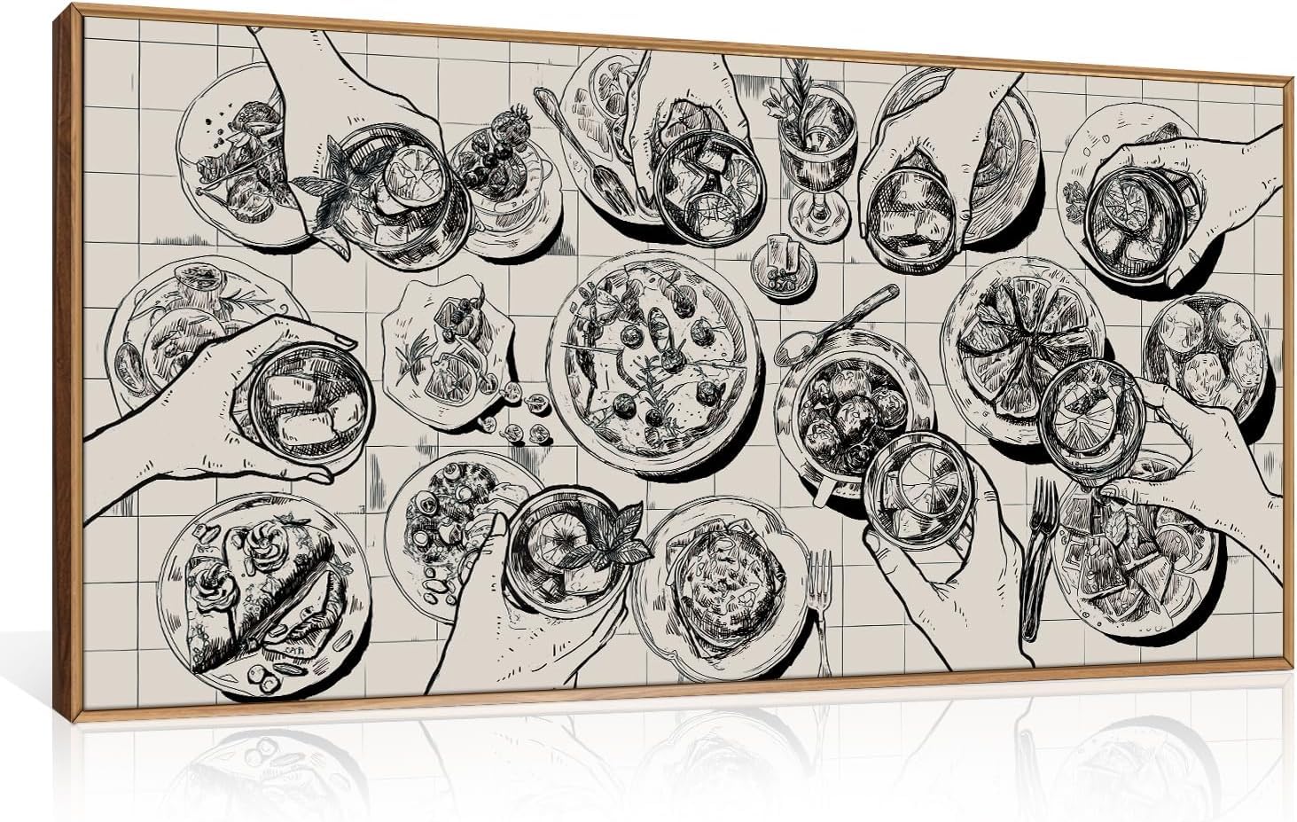 TOARTi Kitchen Wall Art Sketch Food and Drink Framed Wall Art Set Retro Pizza Cheers Friends Party Canvas Wall Decor,Black and White Overhead View of Gathering Artwork for Restaurant Decor-20x40Inch — image 1