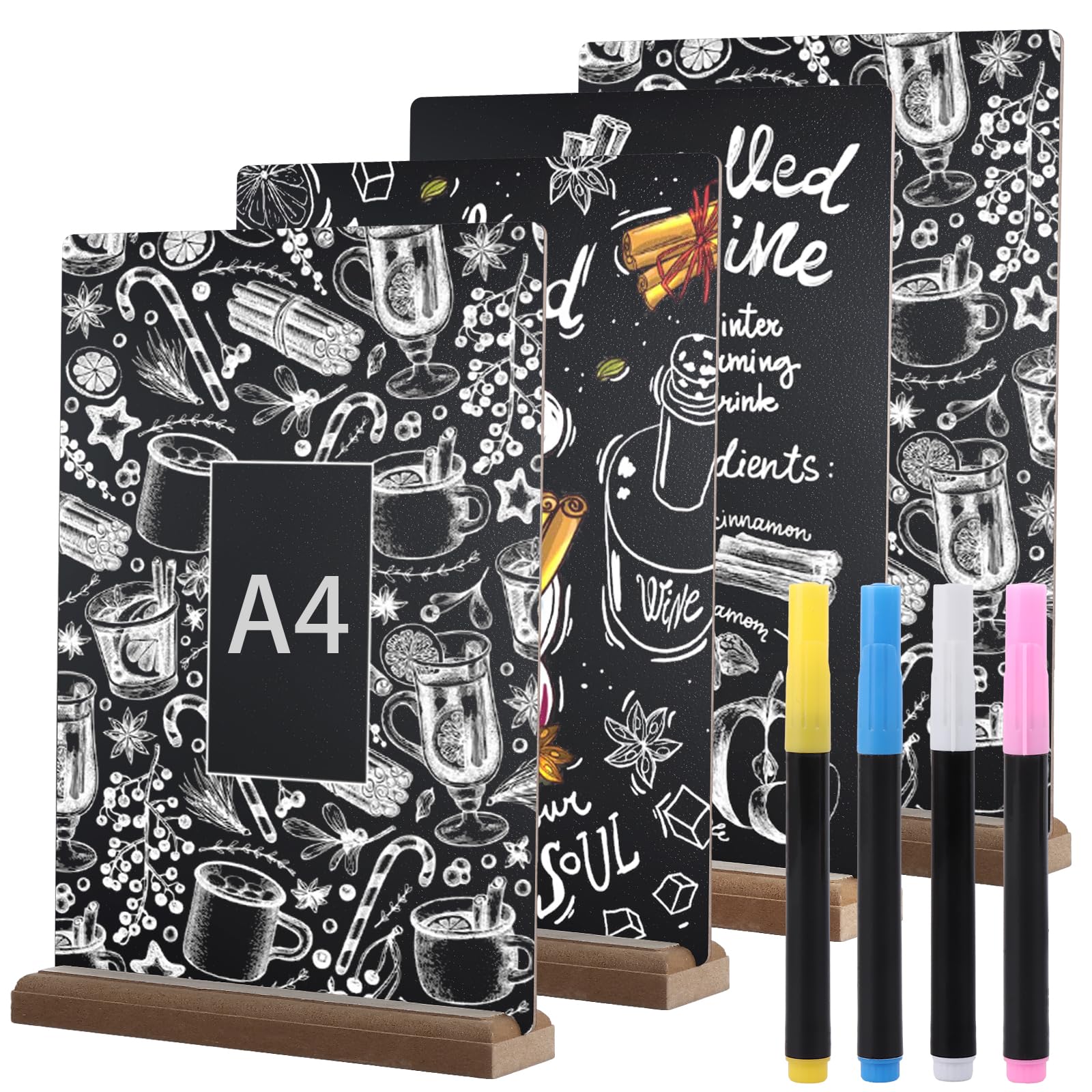 SHUESS 4 Pack A4 Chalk Board, 11.8 x 8.6 Inch Double Sided Blackboard, Erasable Tabletop Chalkboard, A4 Chalk Board Sign with Stand and Chalk Markers for Party, Tables Decoration, Bar and Restaurant