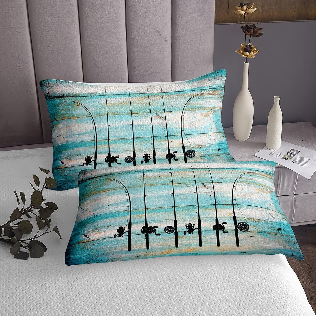 Ice Fishing Rod Quilt Set Go Fishing Bedspread Set Fishing Gifts for Men,Fish Coverlet Set Rustic Wooden Plank Bedding Set King,Fishing Hooks Fishing Game Room Decor Gift for Fisherman,Grunge Teal