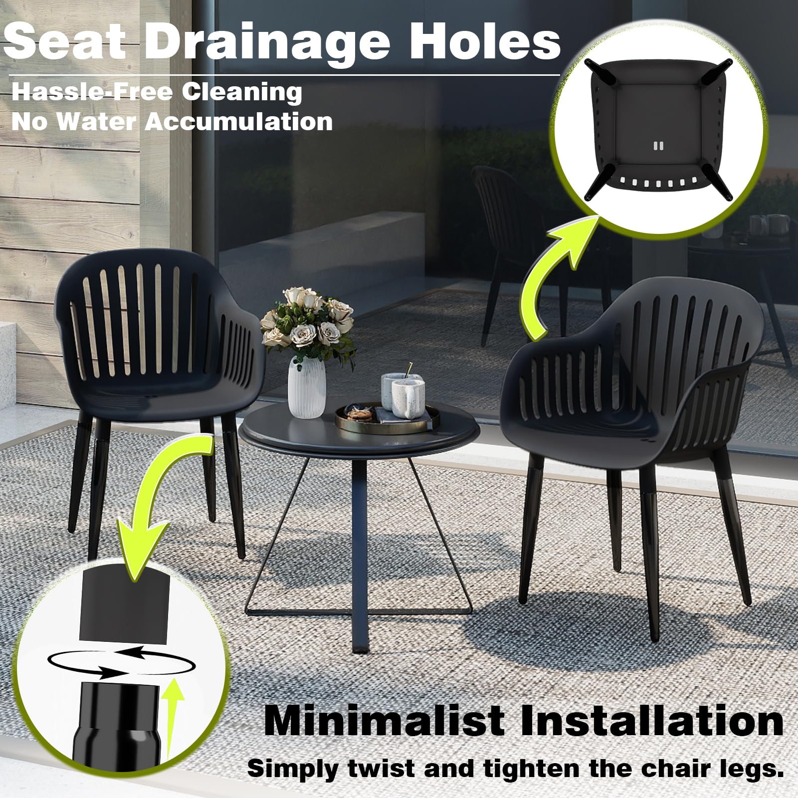 Gartenstuhl 8er Set, Outdoor Stühle Wetterfest mit Armlehne, Gartenstühle UV-beständig bis 120 kg, Terrassenstuhl Terrasse Balkon Outdoor Garten, Schwarz