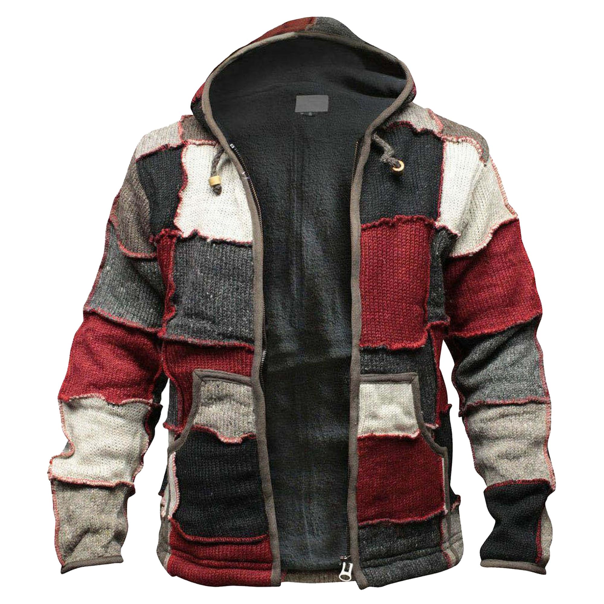 Men's Patchwork Hooded Cardigan Male Multiple Colors Long Sleeve Outwear Plus Size Full Zip Sweater Jacket