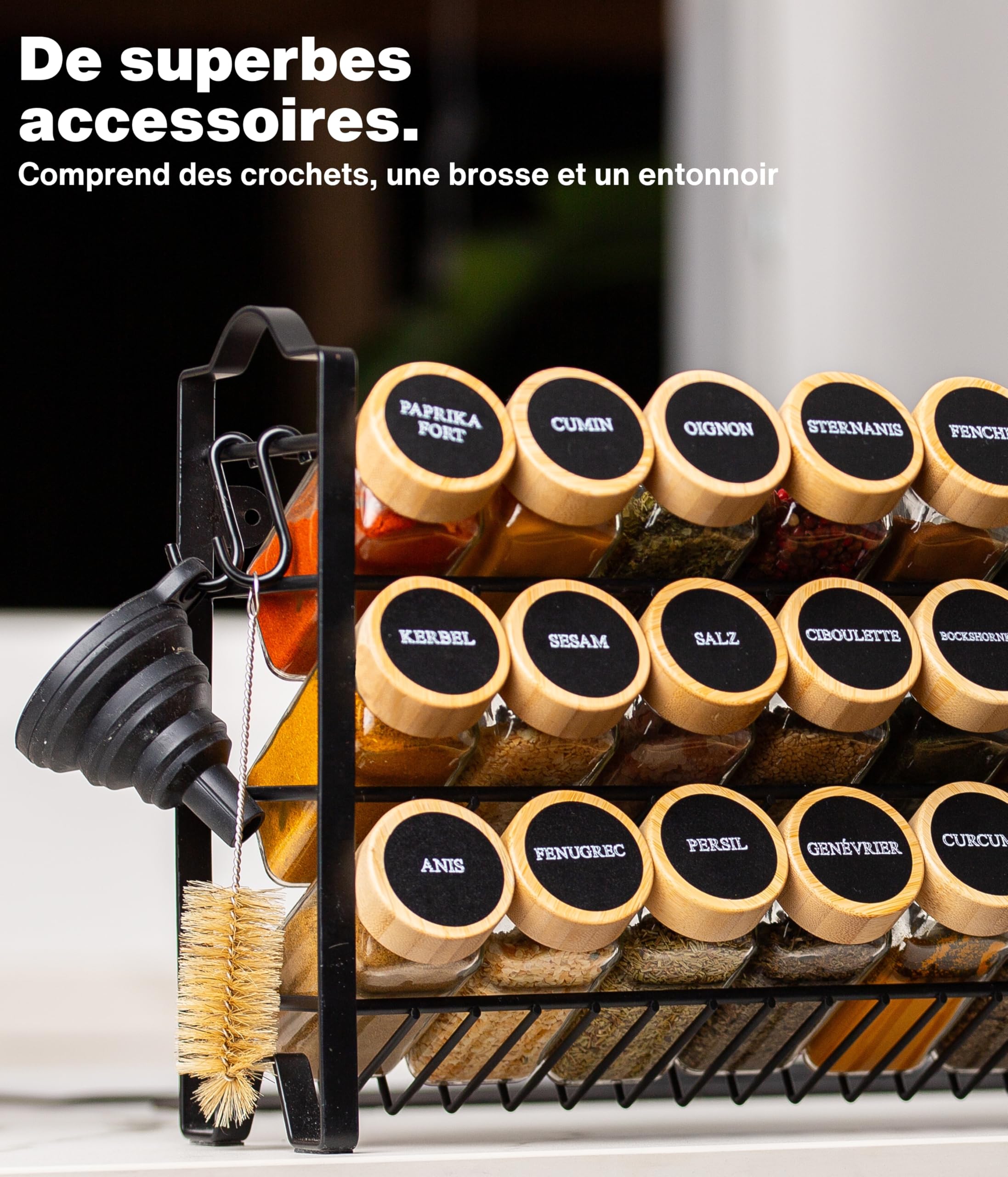 Deco haus® Étagère à Épices & Bocaux - Rangement et Organisation de Cuisine & Maison - Métal, 3 Niveaux - 24 Pots 48 Étiquettes 1 Brosse 1 Entonnoir & Crochets - Autoportante/Murale - Noire