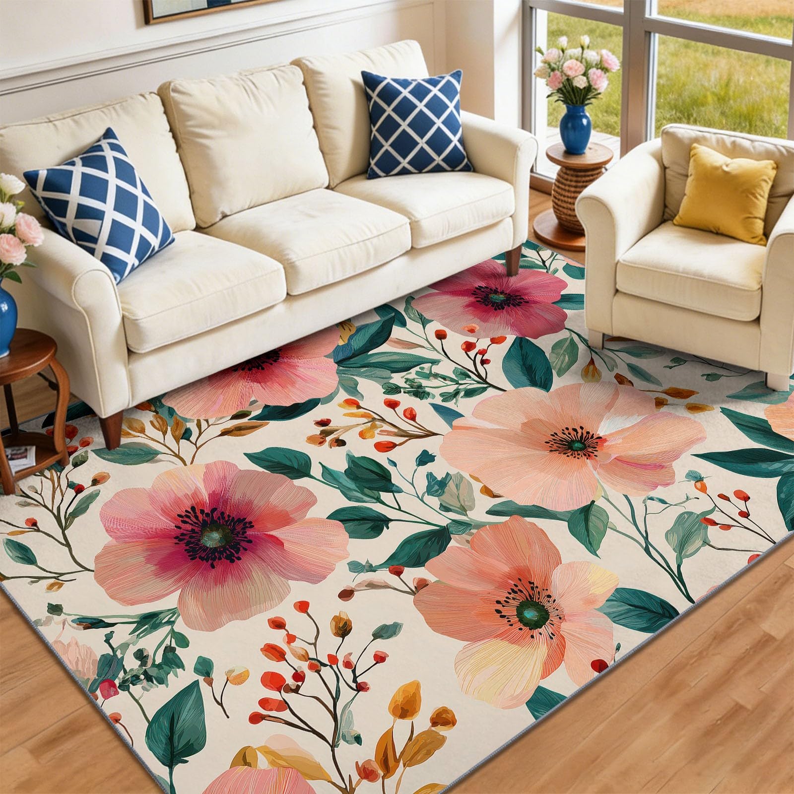 Aquarelle Botanique Interieur Tapis 140 x 200 cm Rose Poil Ras, AntidéRapant Tapis | Tapis Salon, Chambre Adulte Tapis,Descente de Lit, Salle a Manger, Bureau | Fleurs Feuilles Vertes Vignes