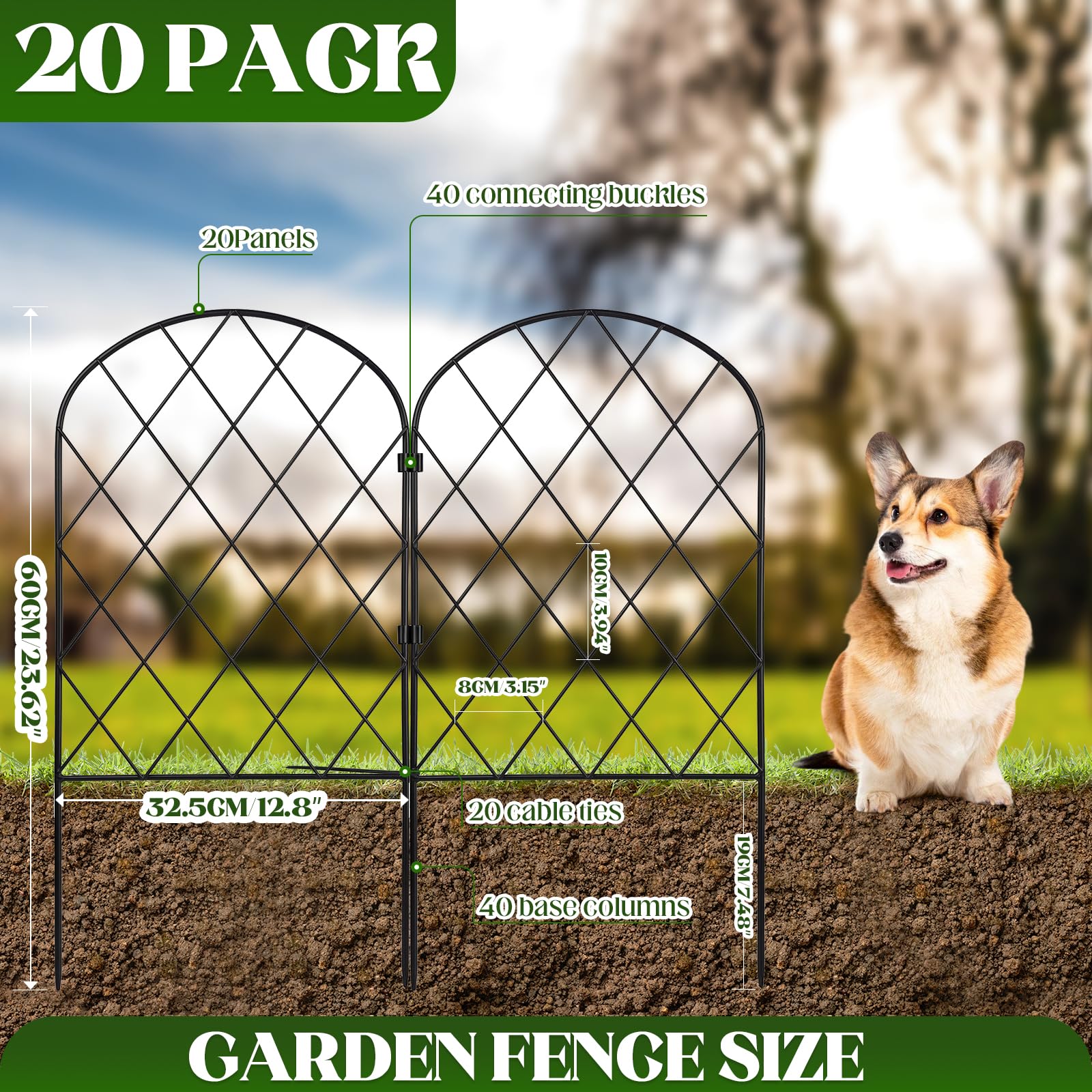 Recinzione Giardino in Metallo 20 Pezzi, lunghezza max 650 cm, bordura decorativa antiruggine 40 x 32,5 cm, con 40 clip 20 fascette e 40 astai, modulabile per aiuole prato e area animali