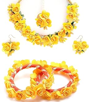 ZENEME Jewellery Flowers Jewellery Set For Haldi Gota Patti Necklace, Earrings, Bracelet & Maang Tika for Women & Girls (Mehandi/Haldi/Wedding/Bridal/Baby Shower)